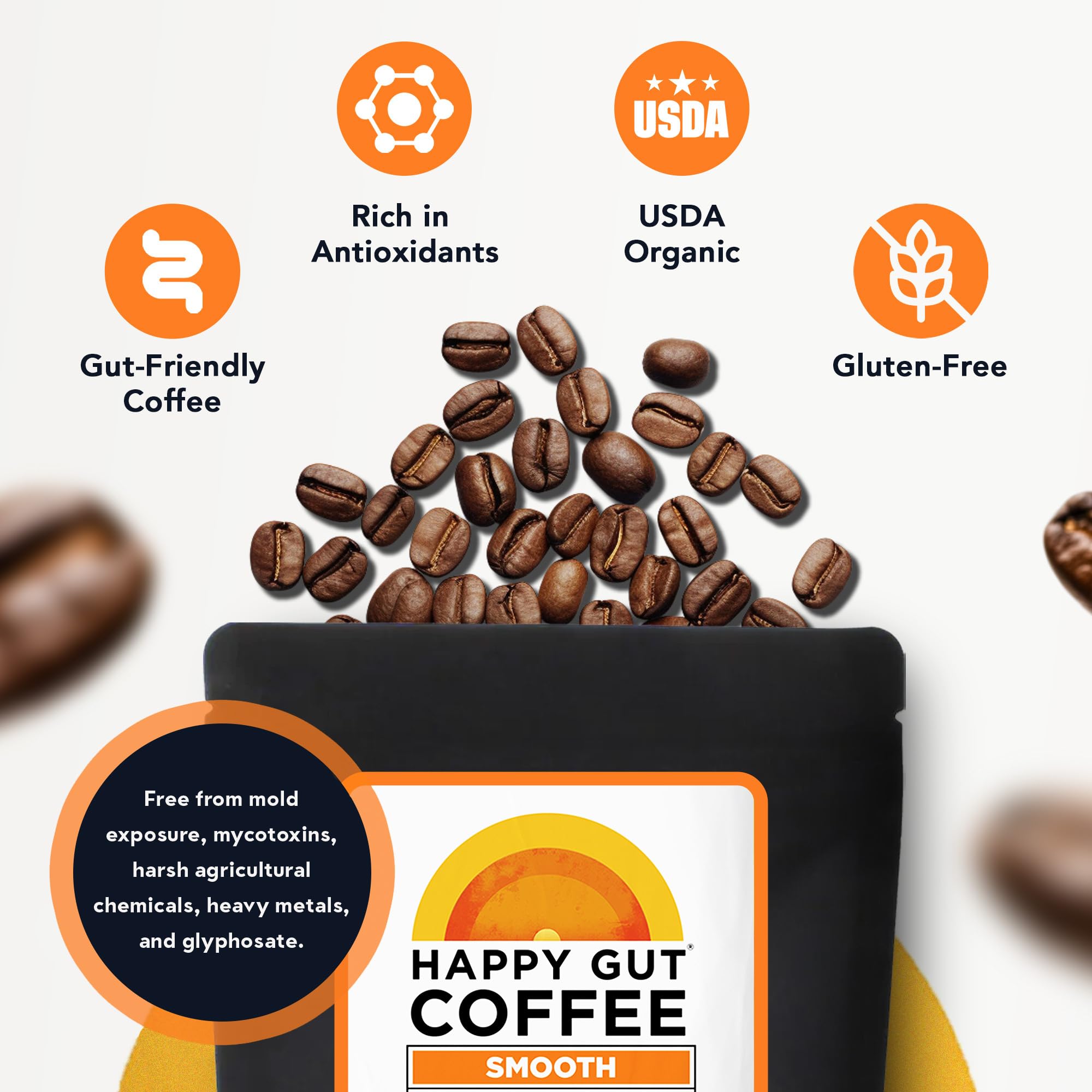 Happy Gut Coffee - Doctor-Formulated, Organic Medium-to-Dark Roast Coffee with Gut-Friendly Benefits - Gentle on Stomach - Rich Flavor, Gluten-Free