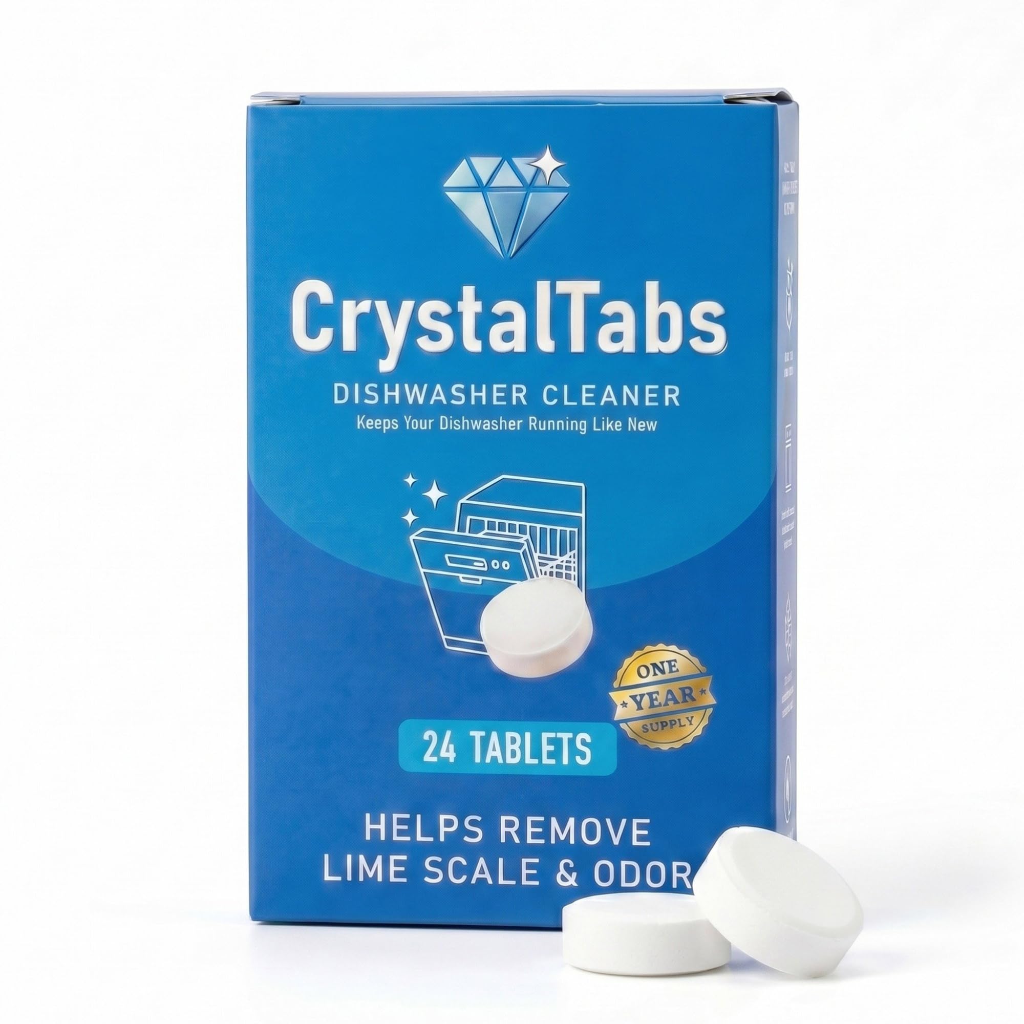 CrystalTabs Dishwasher Cleaner Tablets - Deep Clean Descaler - Fragrance-Free - Removes Lime Scale, Hard Water & Odor - 24 Count Year Supply