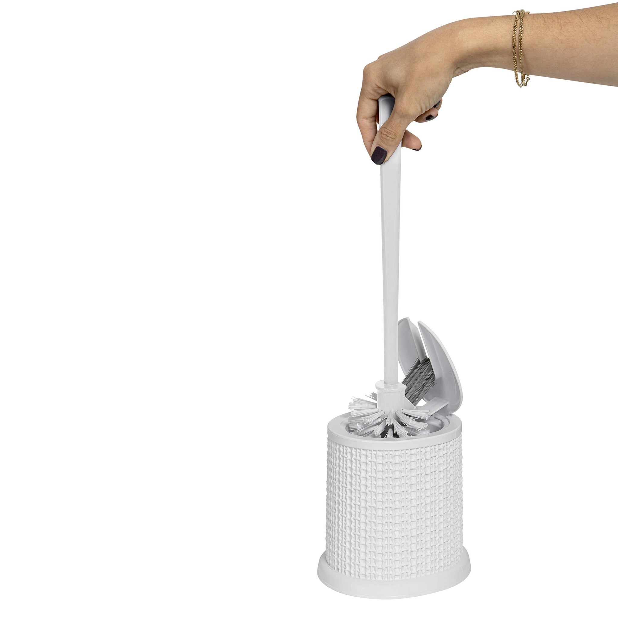 Bath Bliss Self Closing Lid Toilet Brush with Rim Scrubber | Dimensions: 5. 9" x 5. 3" x 15. 4" | Self Closing | 360 Degree Bristle | Bathroom