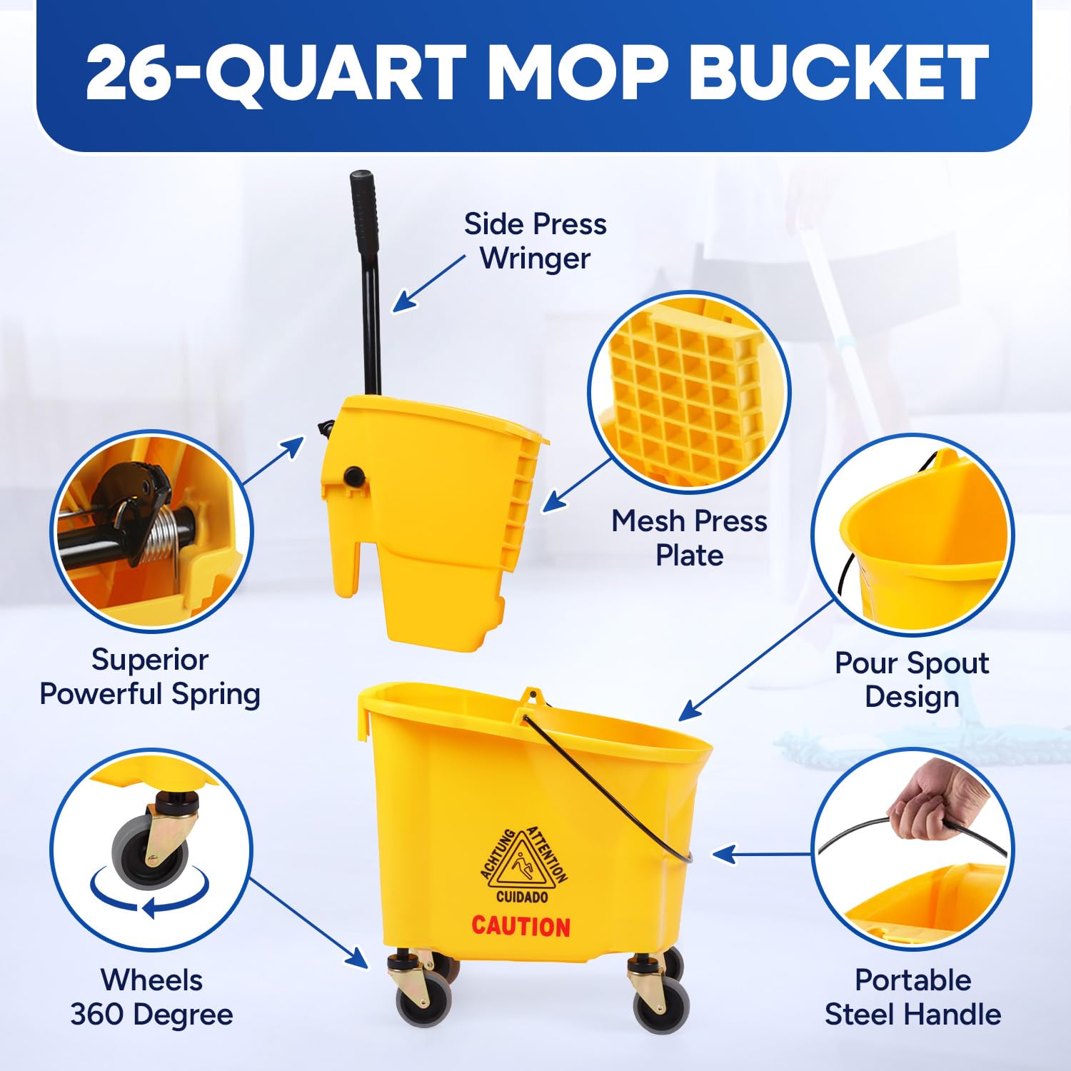 PLASTIC PRINCE Commercial Mop Bucket with Wringer on Wheels, Heavy Duty Industrial Mop Bucket and Wringer for Home Office Restaurant Business, 26