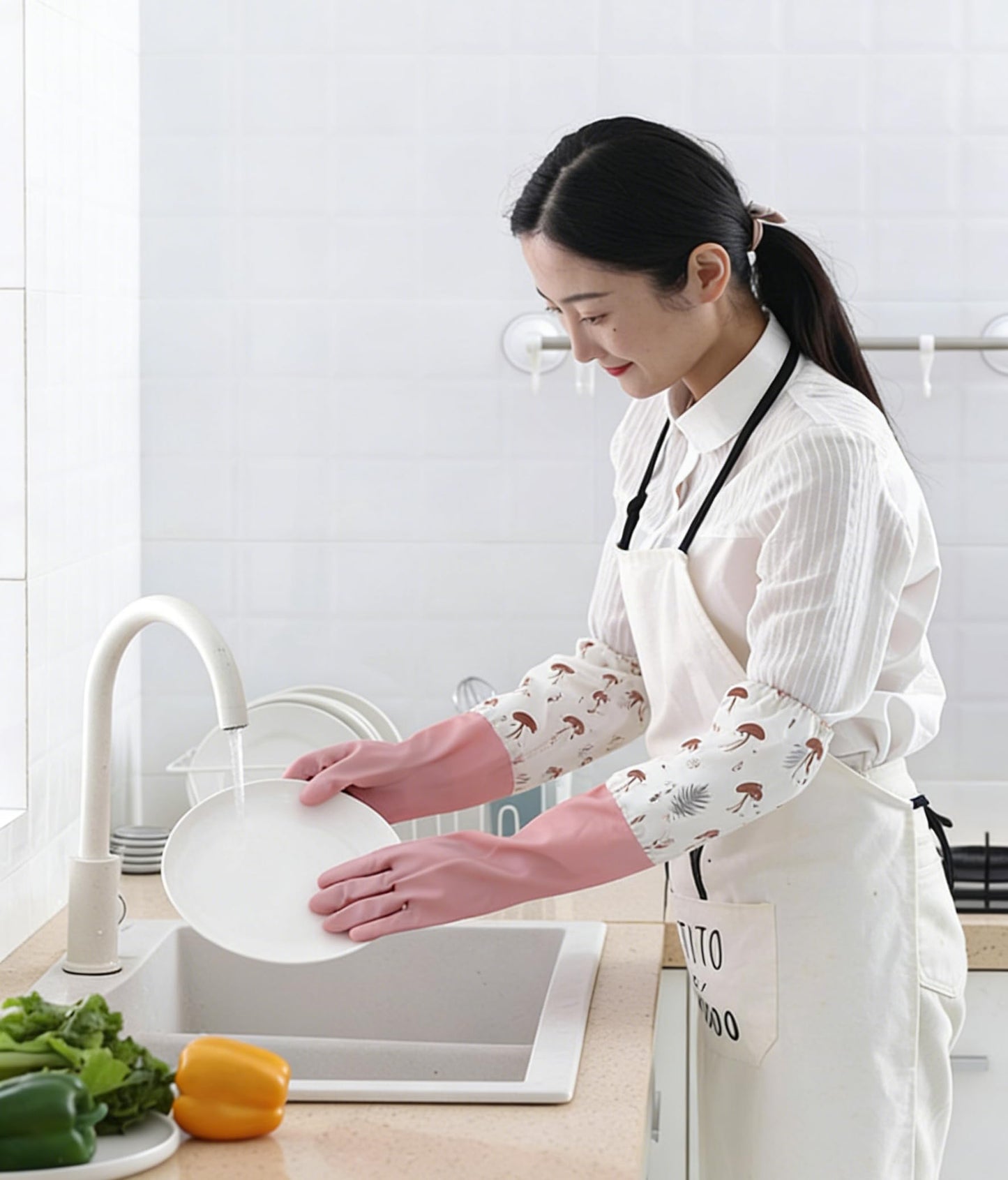 M Size Fleece Lined Cleaning Gloves, Waterproof PVC Household Gloves for Kitchen Dishwashing
