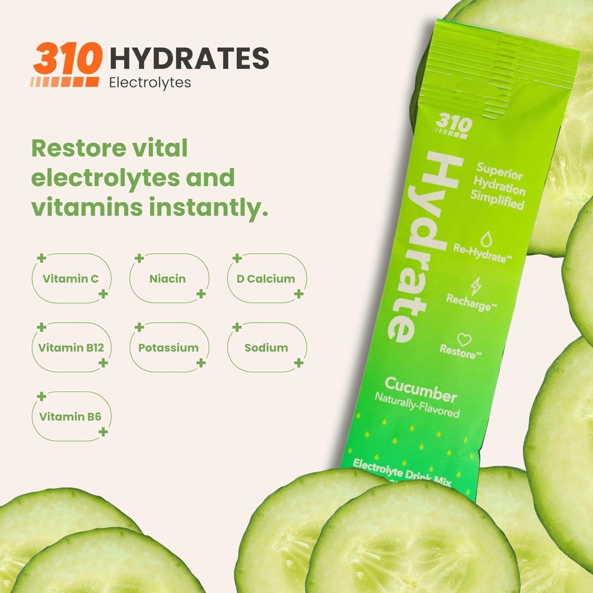 310 Nutrition Sugar Free Electrolytes Powder - Instant Hydration Packets for Daily Fluid Balance - Caffeine-Free Rehydration Drink Mix w/ Vitamins