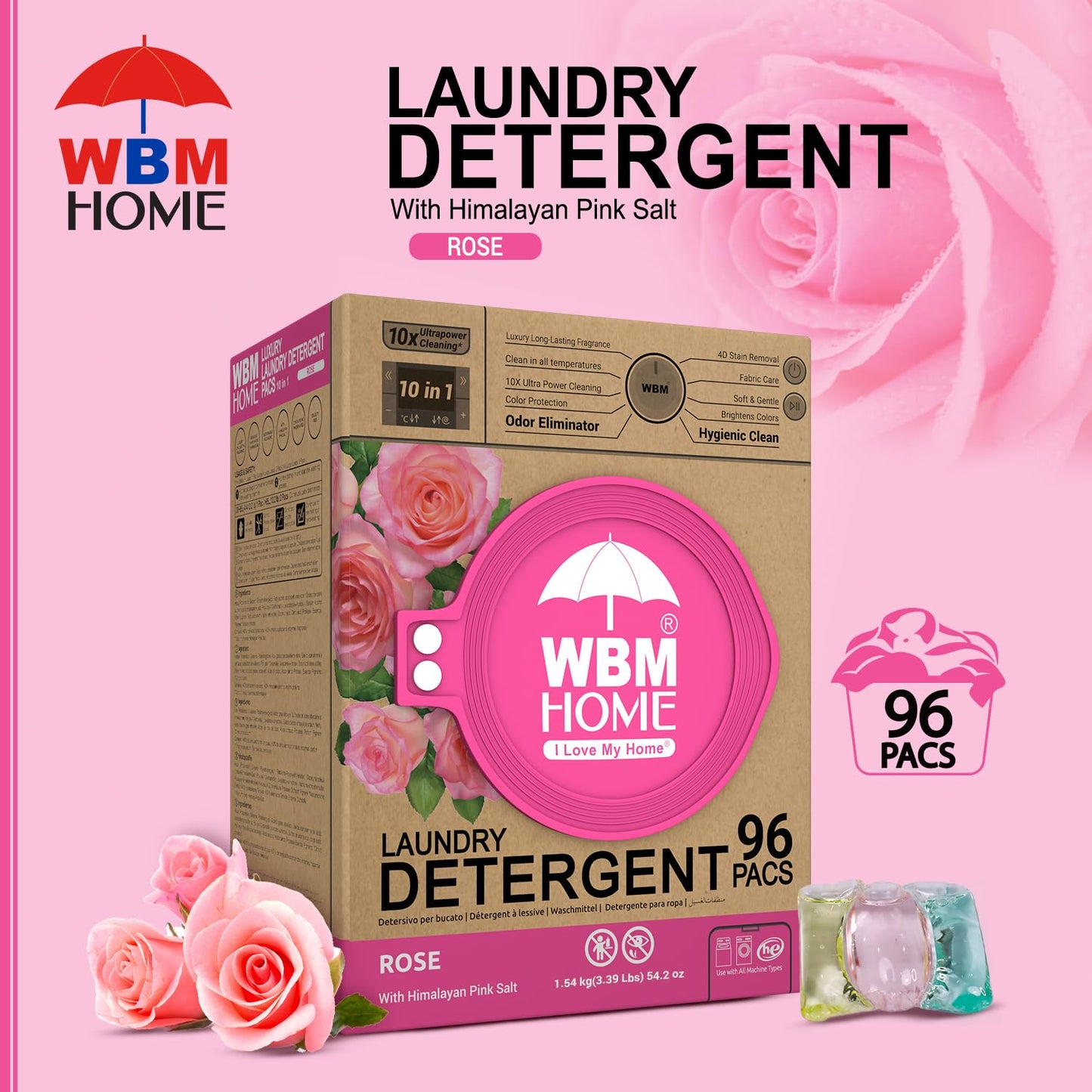 WBM Home 10-in-1 Laundry Pods, Total 96 Count, Ultra Concentrate with Powerful Stain Lifter Technology, Fabric Softener With Rose Extracts, Detergent