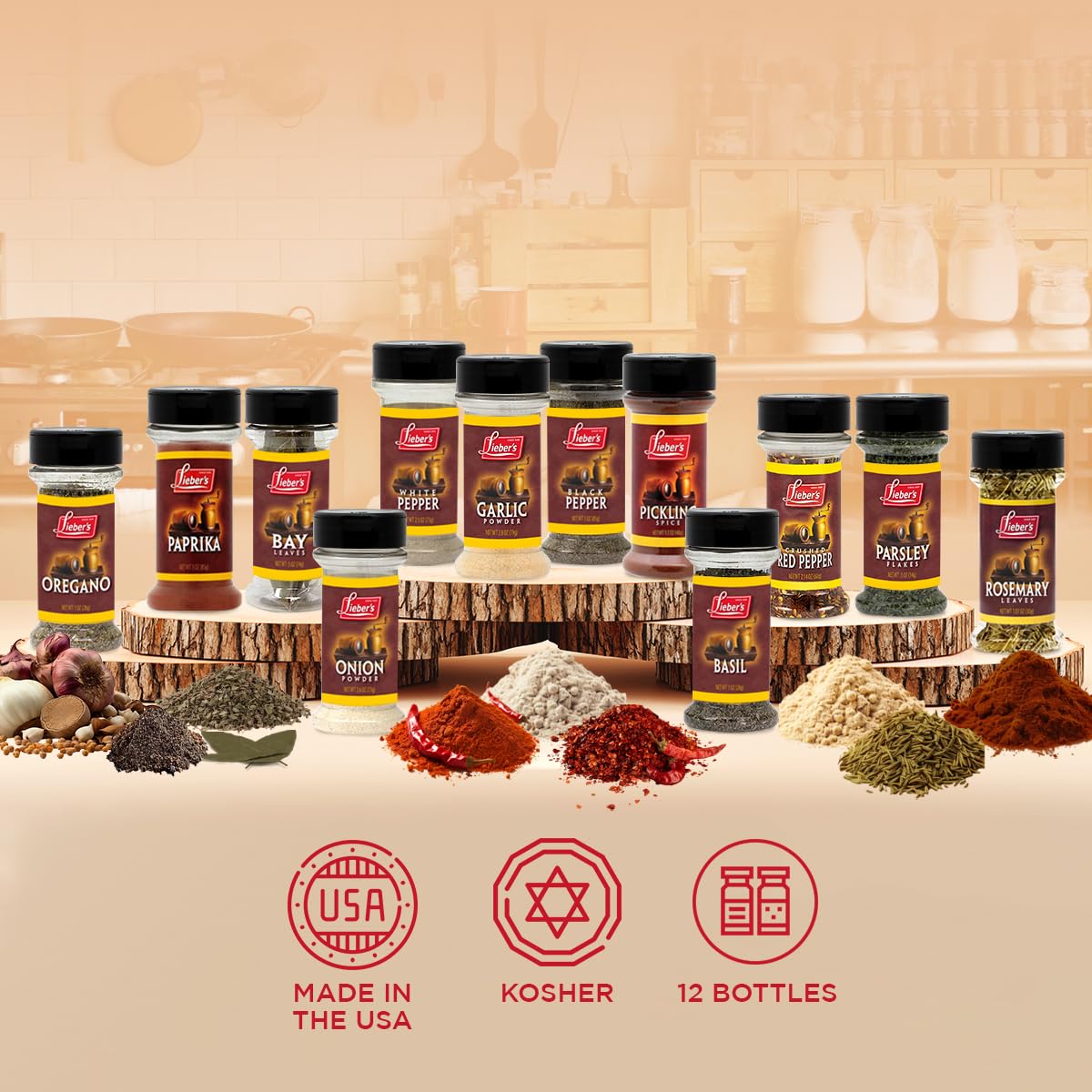 Lieber's Spice Set, Starter Seasoning & Herb 12 Piece Gift Set, Onion & Garlic Powder, Black, White, Crushed Red Pepper, Paprika, Oregano, Basil