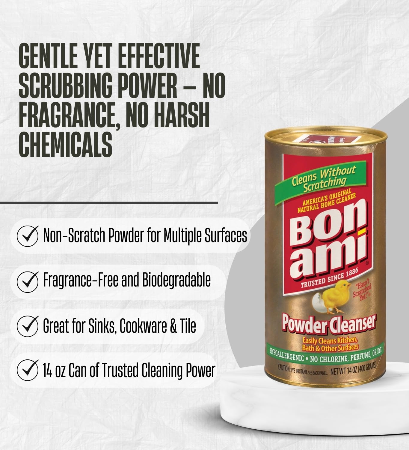 Bon Ami No Scent Cleaner 14 oz Powder Bundle with Scrub Brush - Gentle Cleaning Powder for Dried Food, Scuff Marks, and More - Safe for Cookware