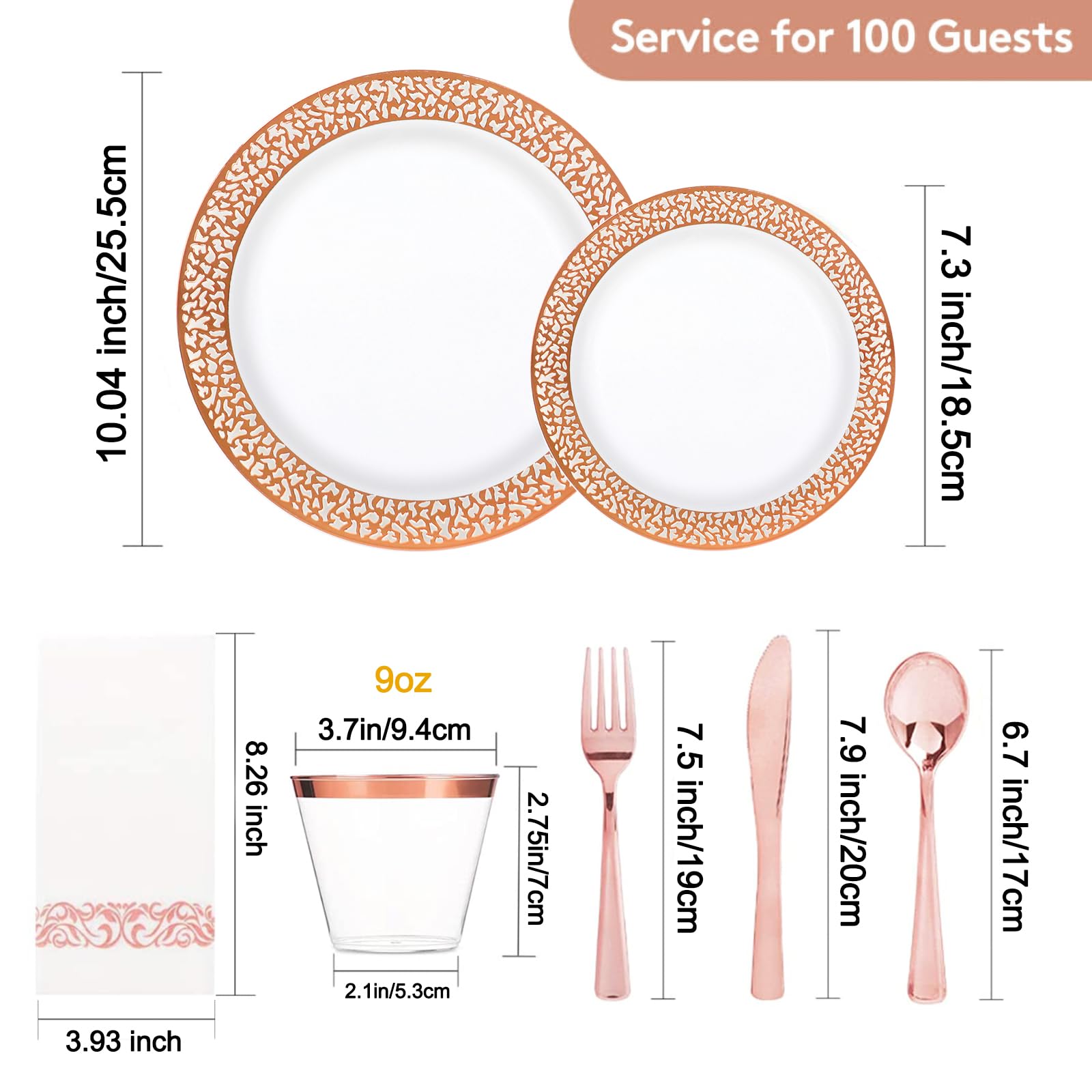 Sylans 700PCS Rose Gold Lace Disposable Dinnerware Set for 100 Guests, Plastic Plates Set Elegant Heavy Duty 200 Dinner Dessert Plates, 100