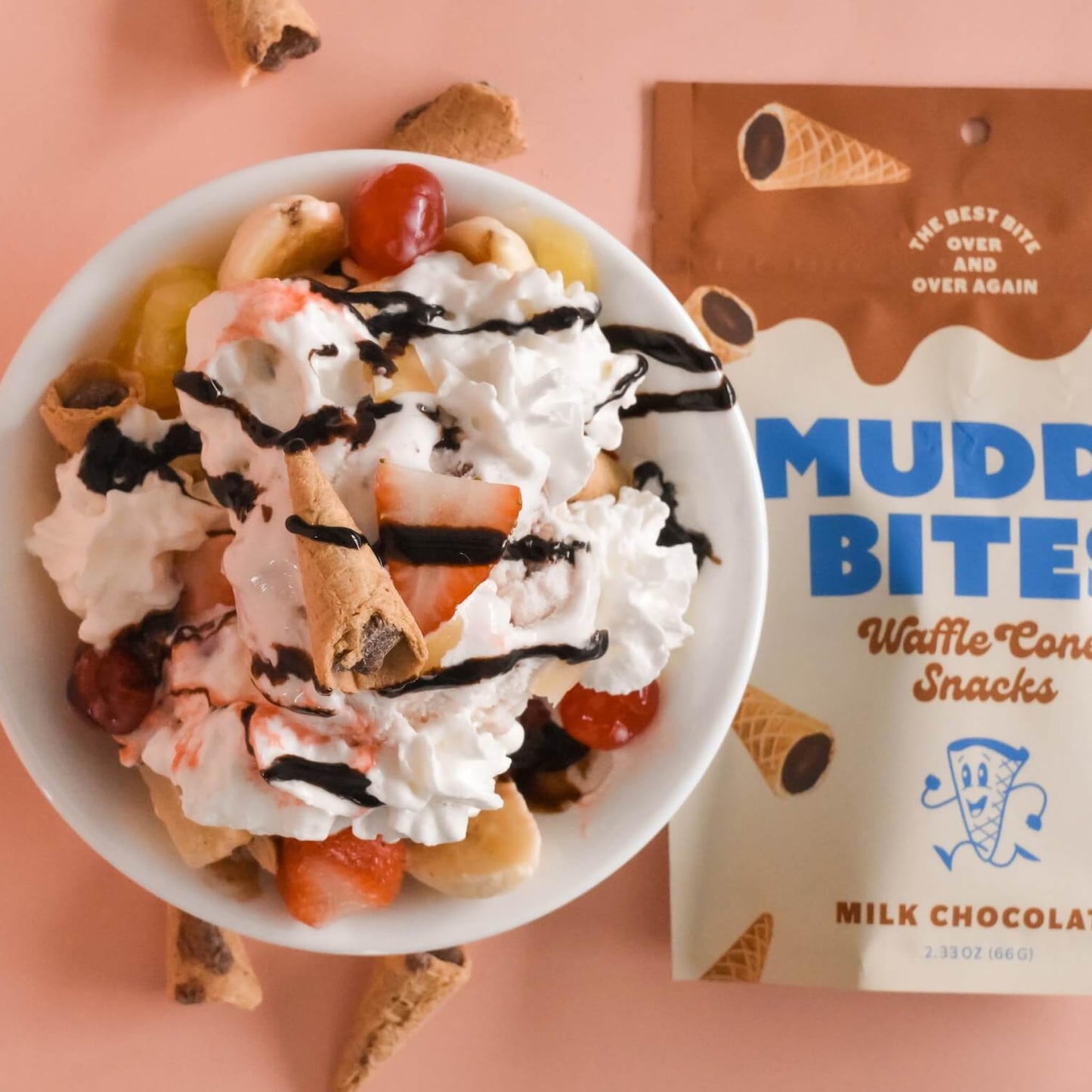Muddy Bites - Milk Chocolate - Waffle Cone Snack Bite Sized Filled Cone Bites for Snack or Dessert Made with Cane Sugar, Kosher, Fair Trade Certified