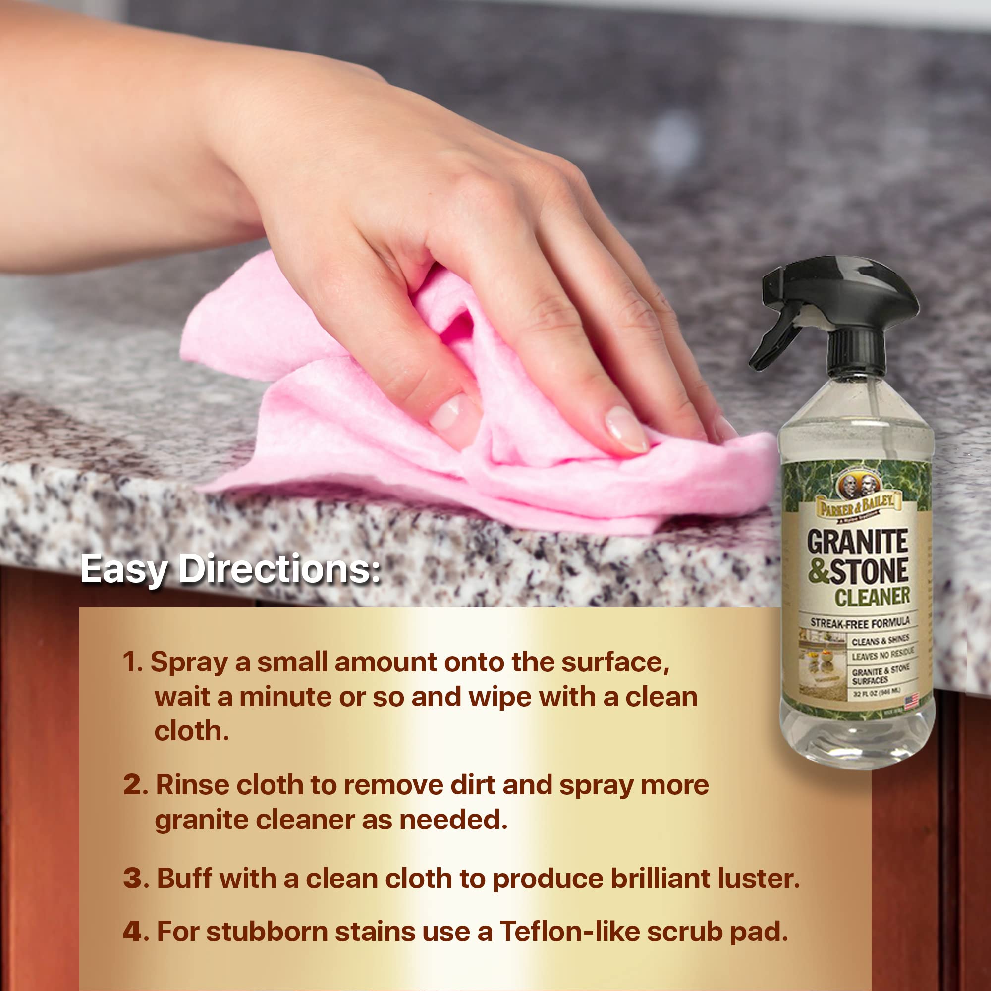 Parker & Bailey Granite & Stone - Countertop Cleaner Kitchen Island Cleaning Spray Marble Tile Slate Quartz Daily Granite Bathroom Counter -White, 32