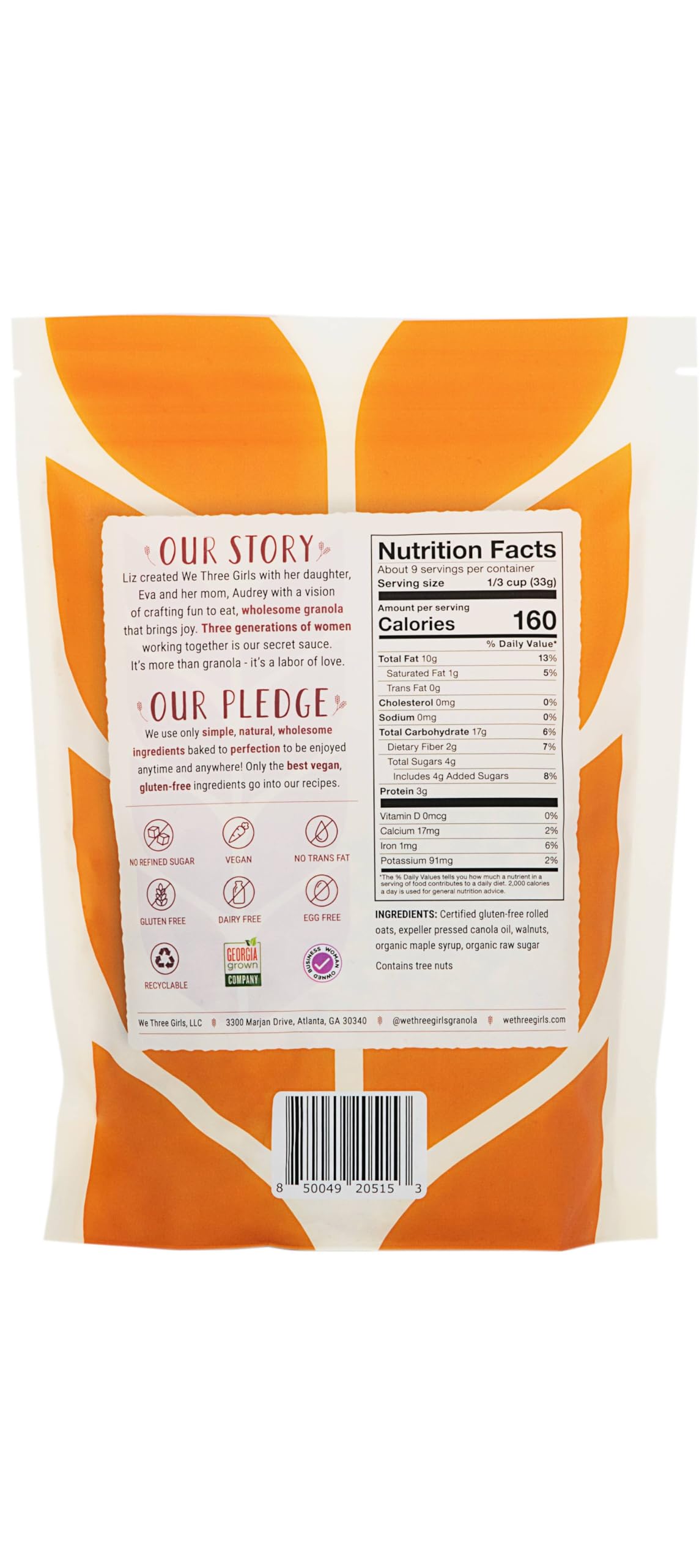 We Three Girls Granola - Maple Walnut (10 Ounce) | Small Batch Vegan Granola | All Natural Gluten Free Snack | Made in USA |