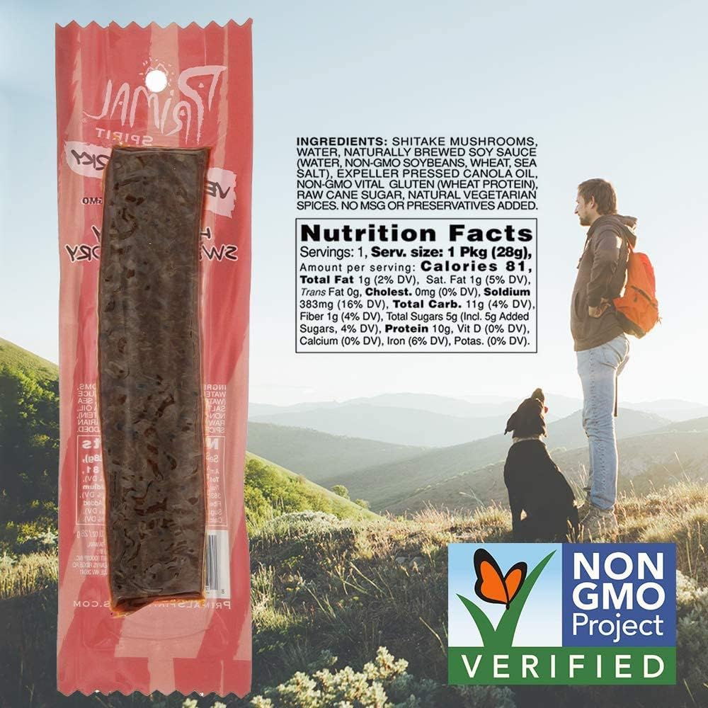 Primal Spirit Vegan Jerky “SHIITAKE MUSHROOM” - “Classic Flavor” - Hot & Spicy-Sweet & Savory, 10 g. Plant Based Protein, Certified Non-GMO, No