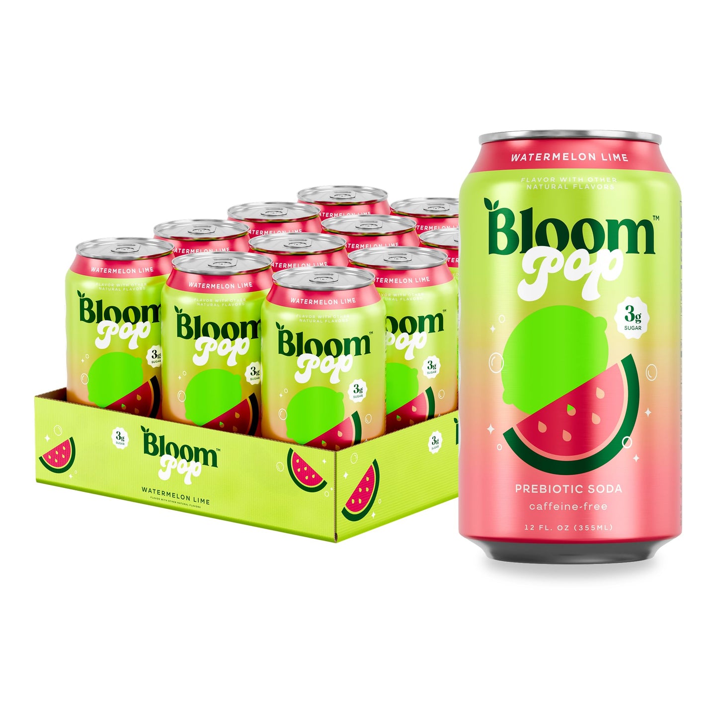Bloom Pop Prebiotic Soda 12 Pack, Watermelon Lime Flavor, 12oz Cans | Prebiotic Soda for Gut Health, Low Calorie Soda, No Caffeine, Healthy Soft Drink