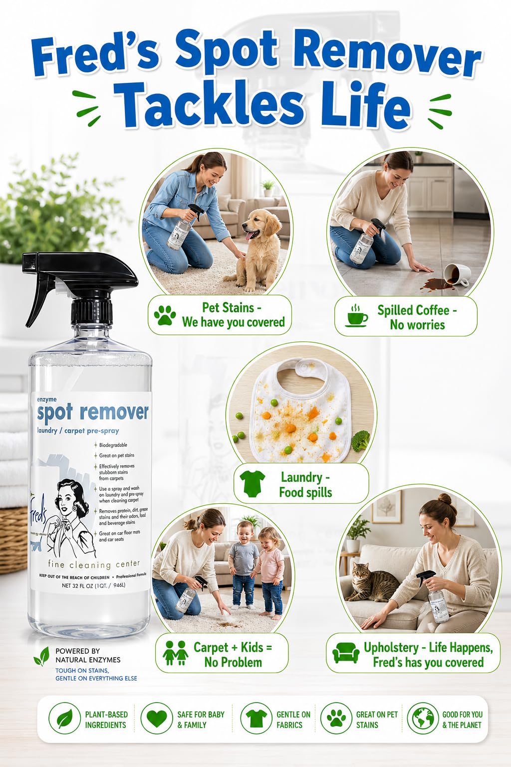 Fred's Ultra-Powered Enzyme Spot & Stain Remover for Carpet, Laundry, and More, 32 Ounce Spray