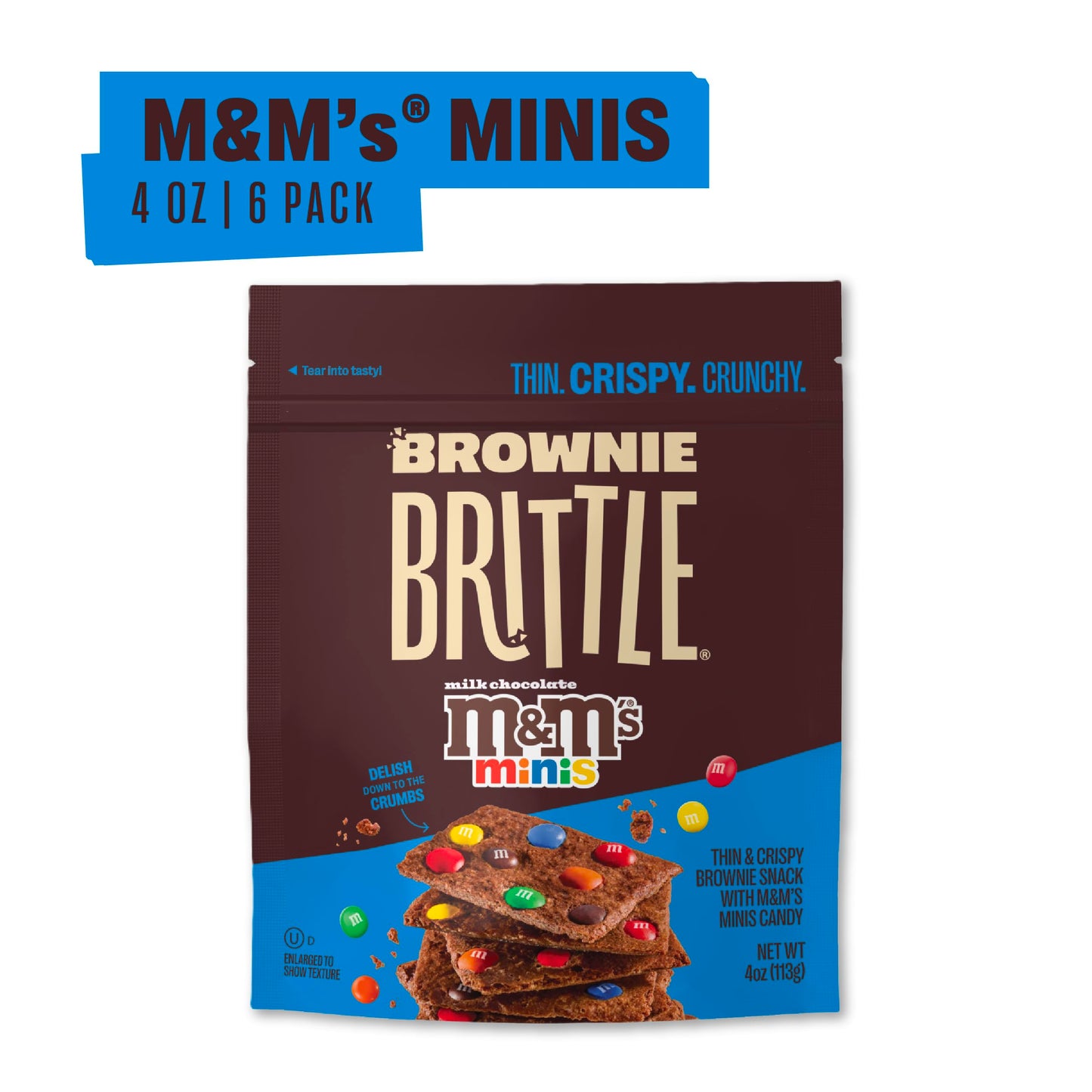 Brownie Brittle - M&M’S Minis Thin and Crispy Sweet Snacks (Pack of 6, 4 oz), Rich Gourmet Brownie Bites Dessert