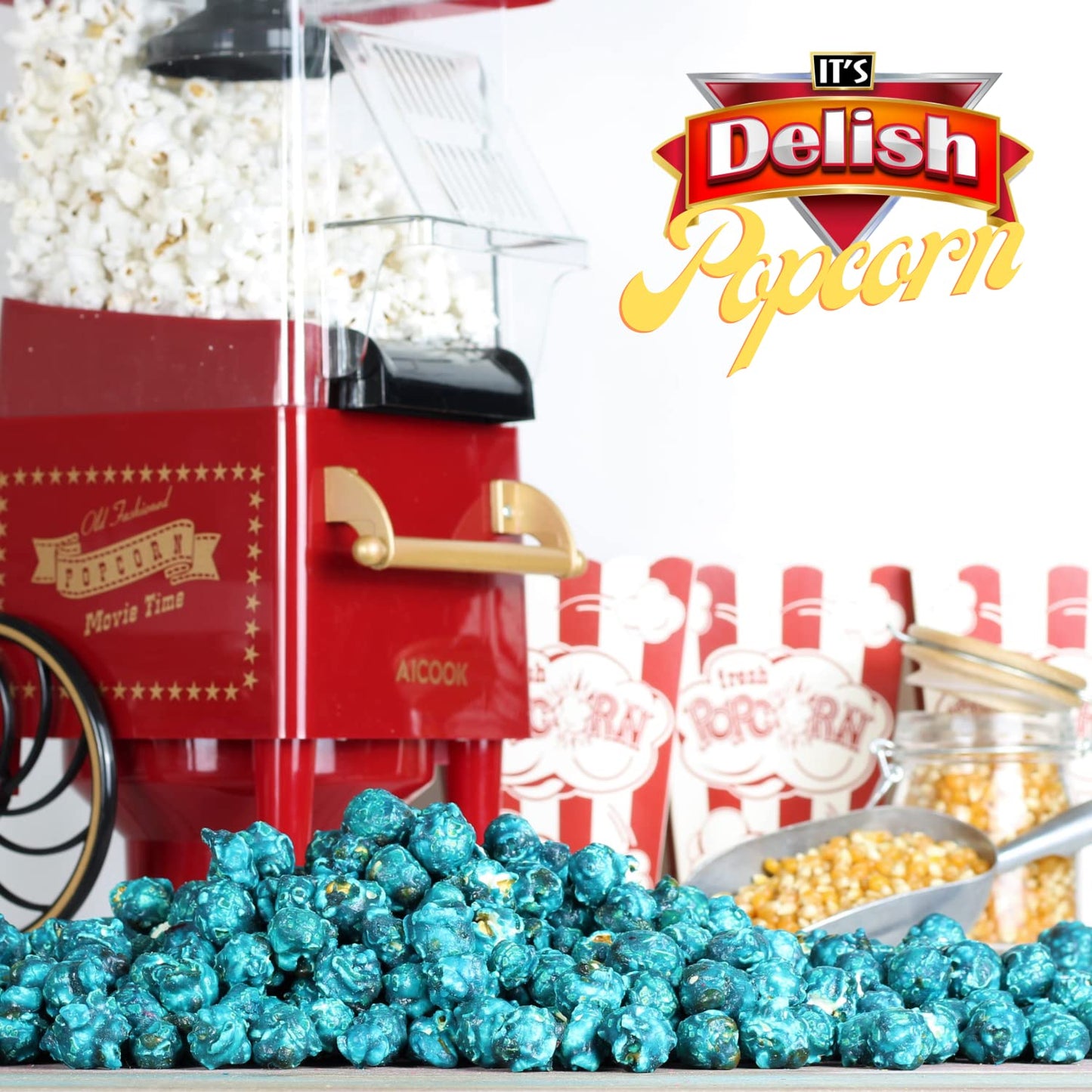 Gourmet Blue Raspberry Flavored Popcorn by It's Delish, 1 lb Bulk Bag | Air Popped Pop Corn Snack - Fruity Blue Themed Candy Confetti | Birthday