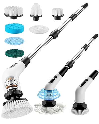 Powerful Electric Spin Scrubber, for Mom, Cordless Cleaning Brush, 90-Min Extended Runtime, Telescopic Long Handle, 8 Replaceable Heads, 2 Speeds