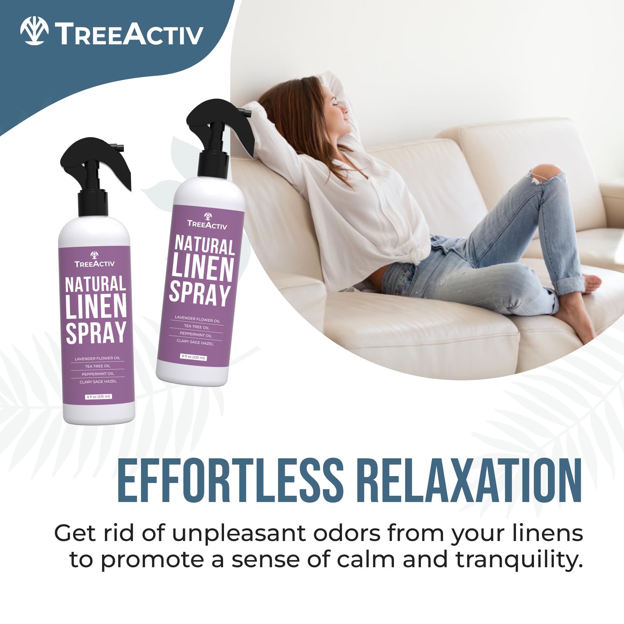 TreeActiv Natural Linen Spray, 8 fl oz, Lavender for Sleep, Beddings, Pillows, and Sheets With Tea Tree, Pillow Mist Freshener, 2000+ Sprays