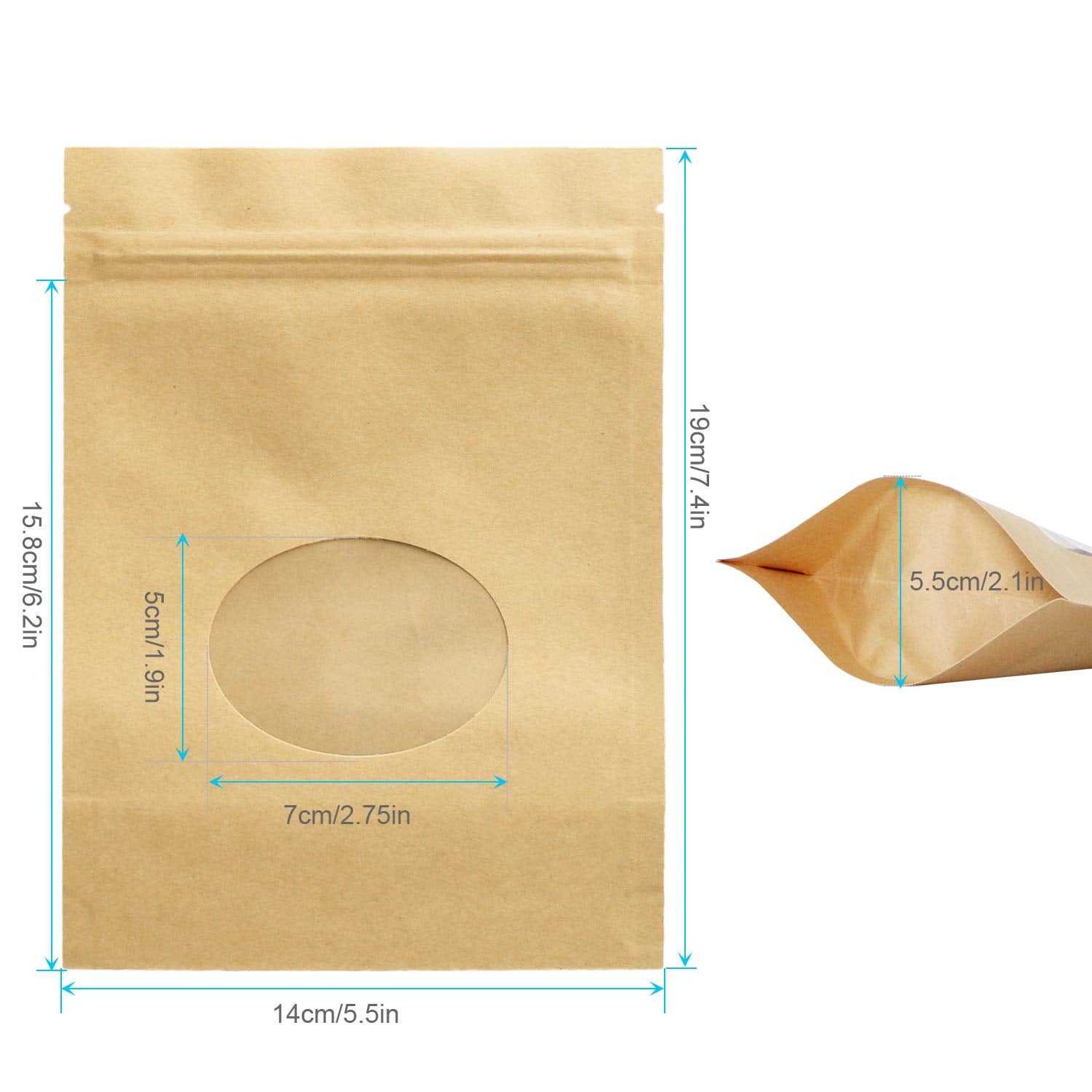 SumDirect Kraft Paper Bags Zip Lock Stand-up Reusable Sealing Food Pouches with Transparent Window and Tear Notch for Storing,Cookie,Dried