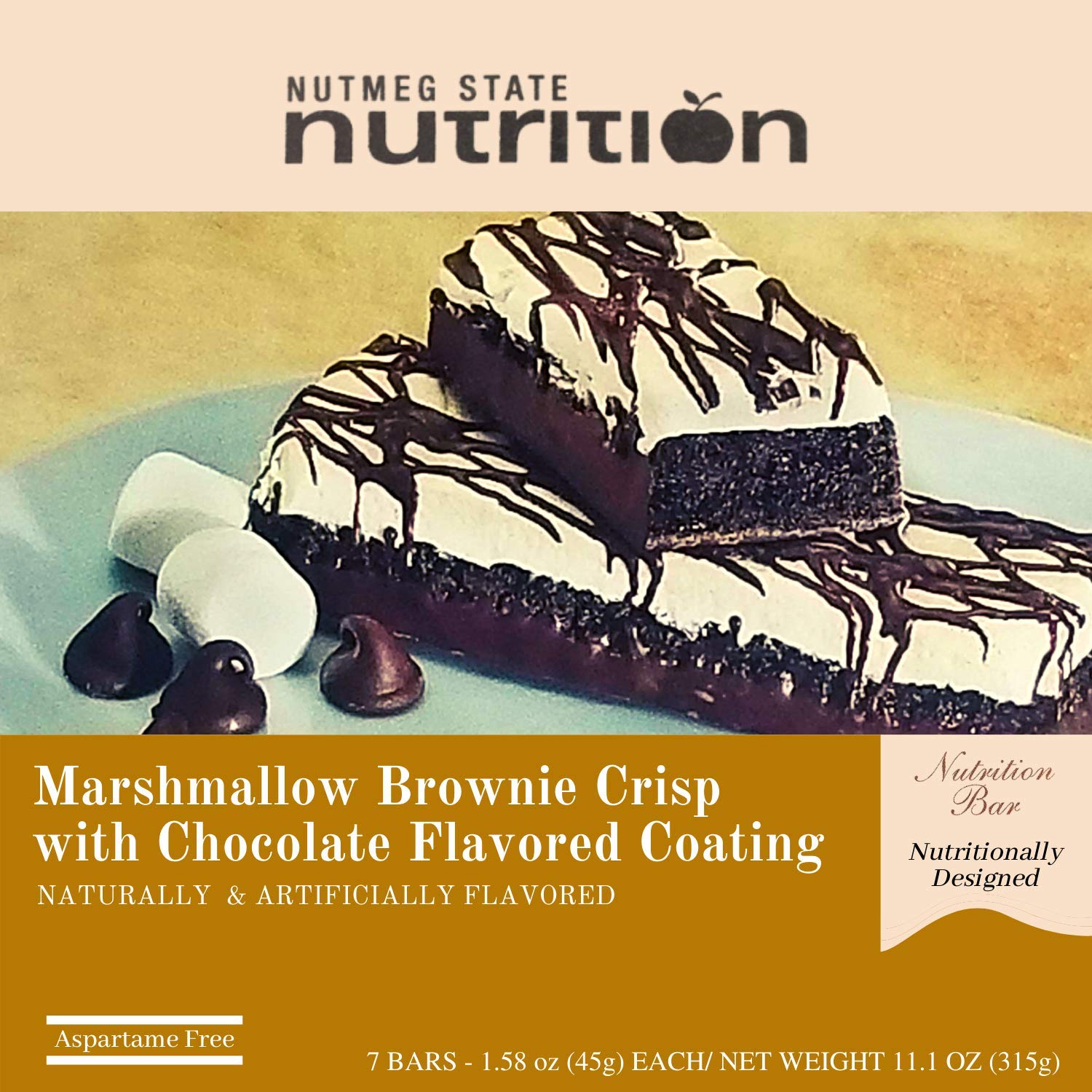 Nutmeg State Nutrition - High Protein Snack Bars, 15g Protein, 150 Calories, Low Sodium, 19g Carbs, 2g Fiber, 7 Servings Per Box (Marshmallow Brownie