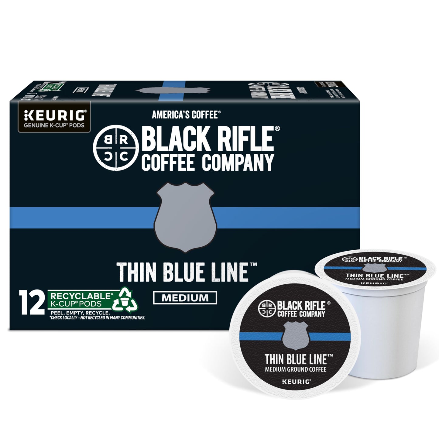 Black Rifle Coffee Company Thin Blue Line, 12 Count, Medium Roast K Cups - Single Serve K Cups Coffee Pods - Kcup Pods Compatible with Keurig 1.0