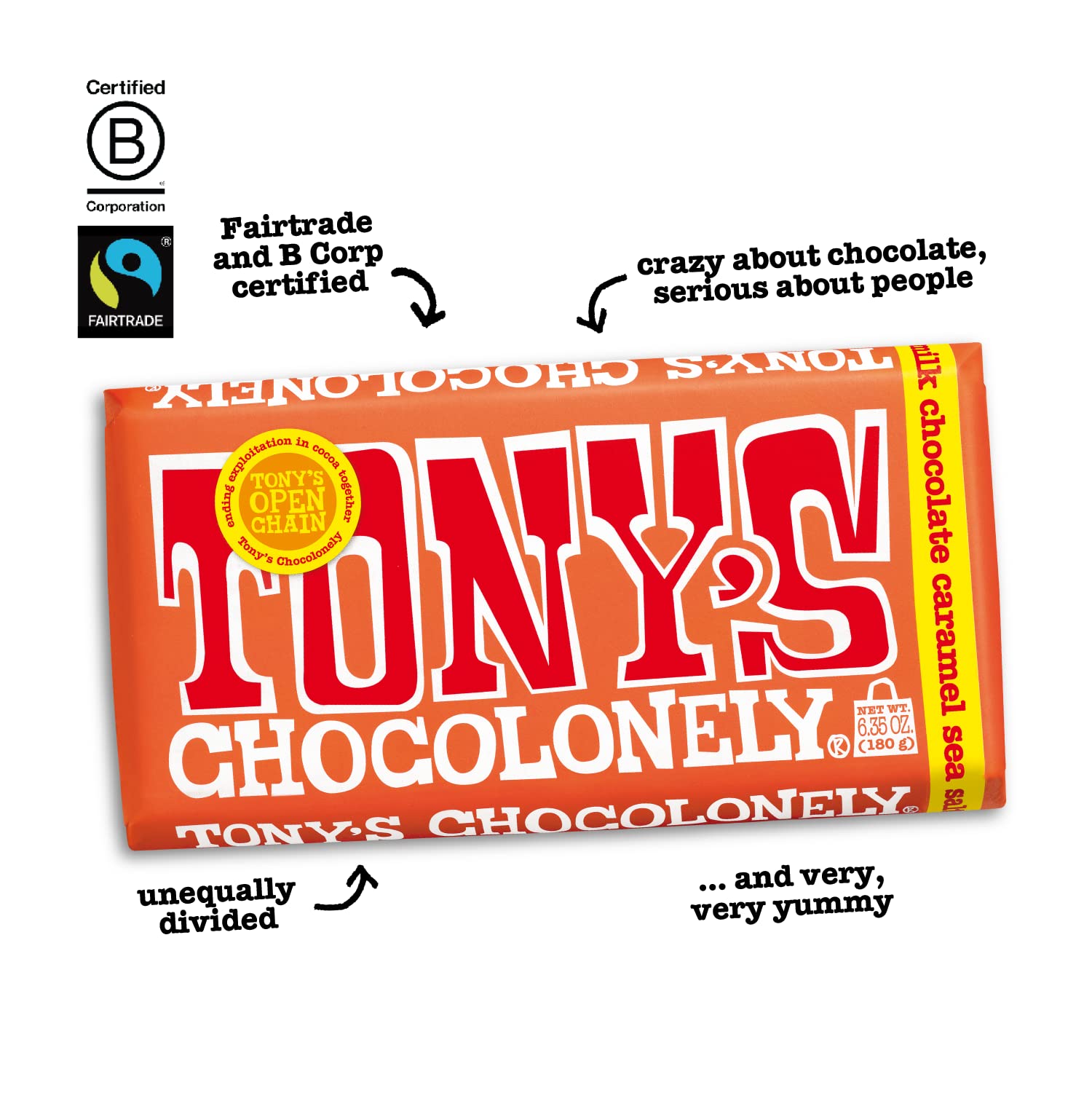 Tony’s Chocolonely Belgian Milk Chocolate Candy Bar With Caramel & Sea Salt for Snacks, Chocolate Bar for Party Favors, Gifts, or Gift Basket, 32%