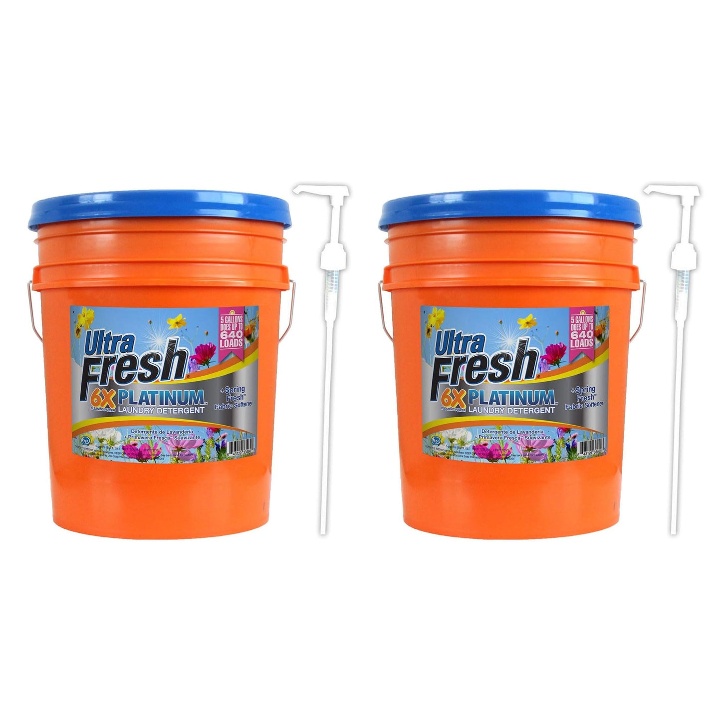 Ultra Fresh 6X Platinum 5 Gallon Laundry Detergent Liquid with Spring Fresh Fabric Softener and Pump for All Machine Types, Up to 640 Loads (2 Pack)