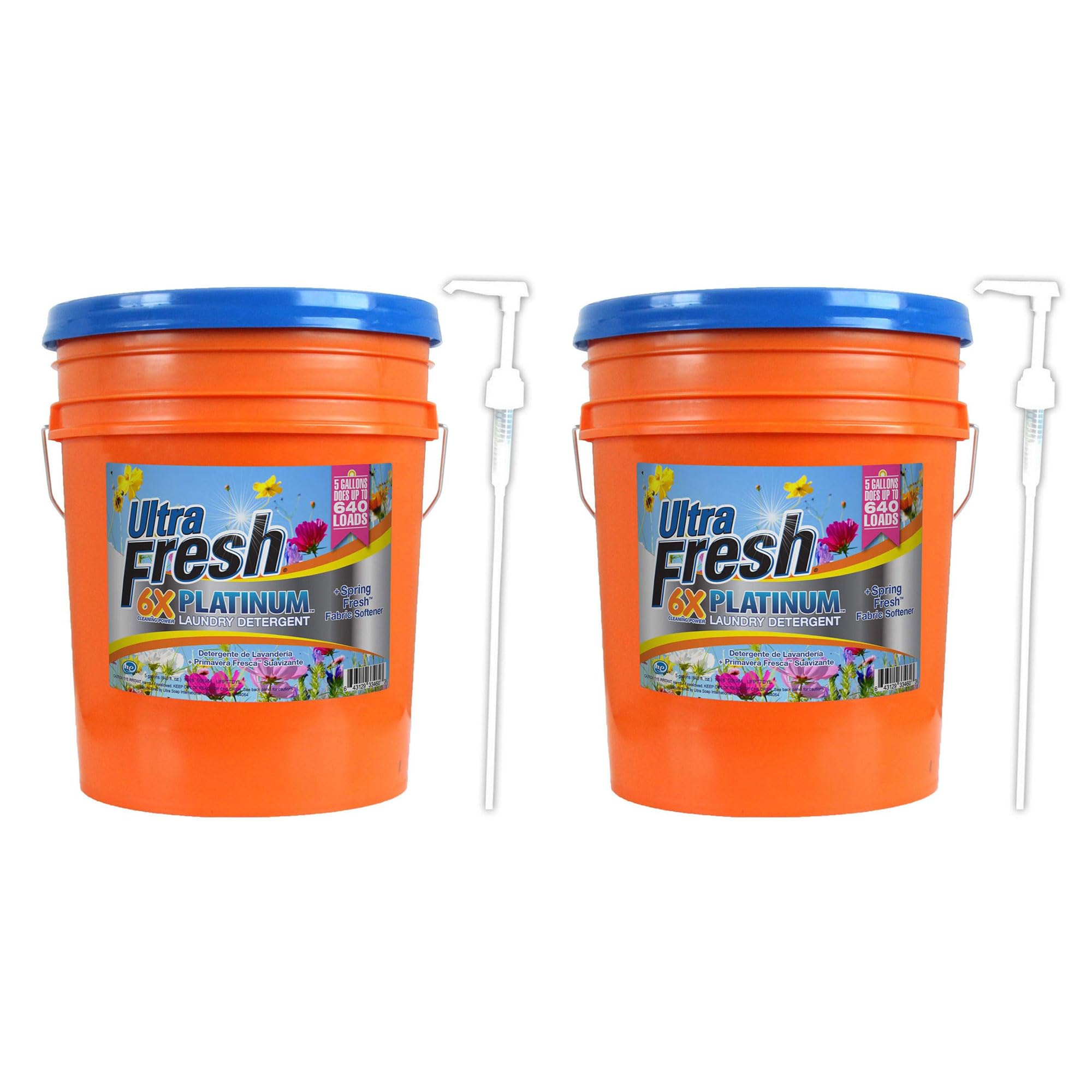 Ultra Fresh 6X Platinum 5 Gallon Laundry Detergent Liquid with Spring Fresh Fabric Softener and Pump for All Machine Types, Up to 640 Loads (2 Pack)