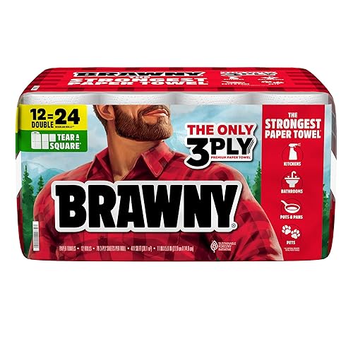 Brawny Tear-A-Square 3-Ply Paper Towels, 12 Double Rolls = 24 Regular Rolls, Strong, Absorbent, and Durable with 3 Sheet Sizes