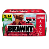 Brawny Tear-A-Square 3-Ply Paper Towels, 12 Double Rolls = 24 Regular Rolls, Strong, Absorbent, and Durable with 3 Sheet Sizes