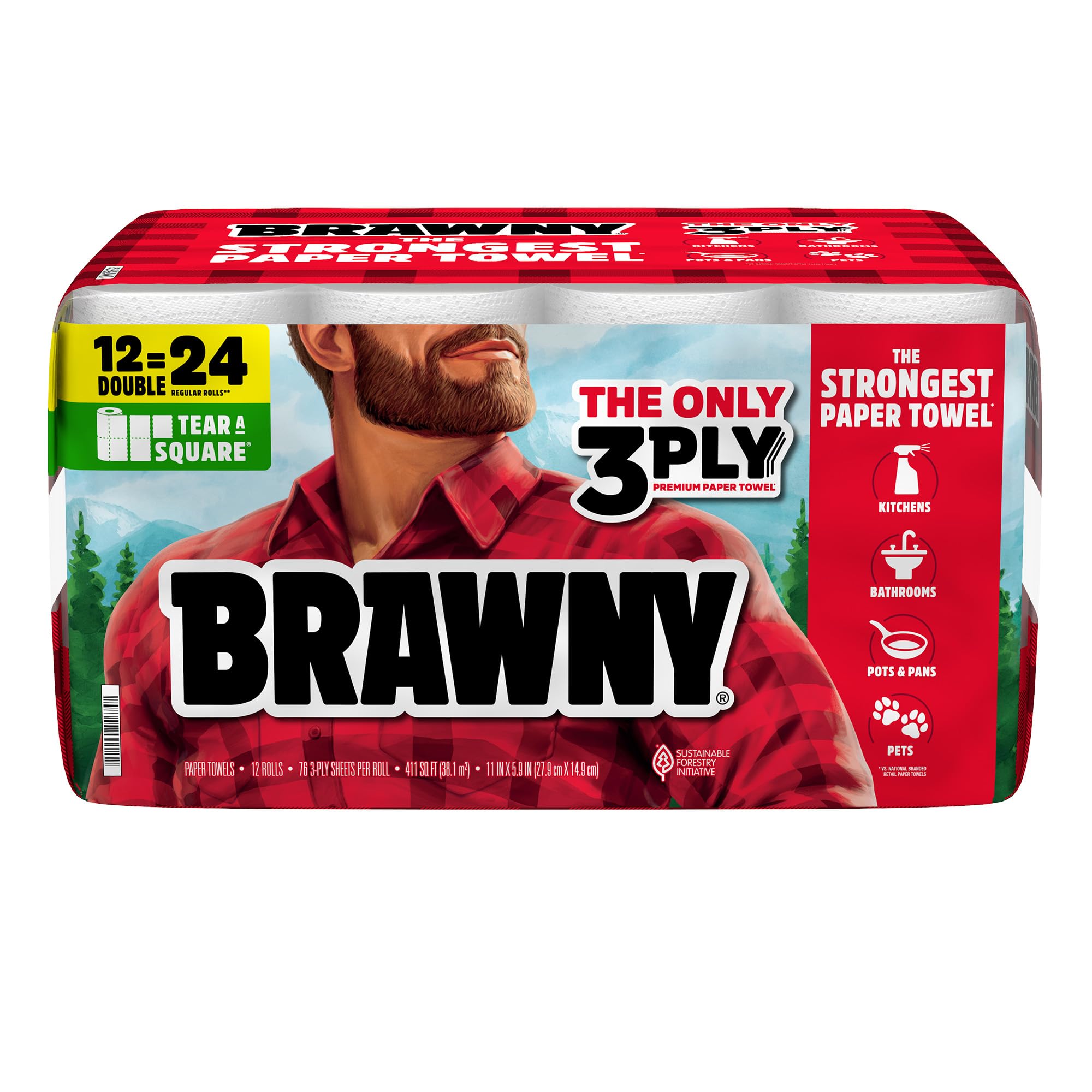 Brawny Tear-A-Square 3-Ply Paper Towels, 12 Double Rolls = 24 Regular Rolls, Strong, Absorbent, and Durable with 3 Sheet Sizes