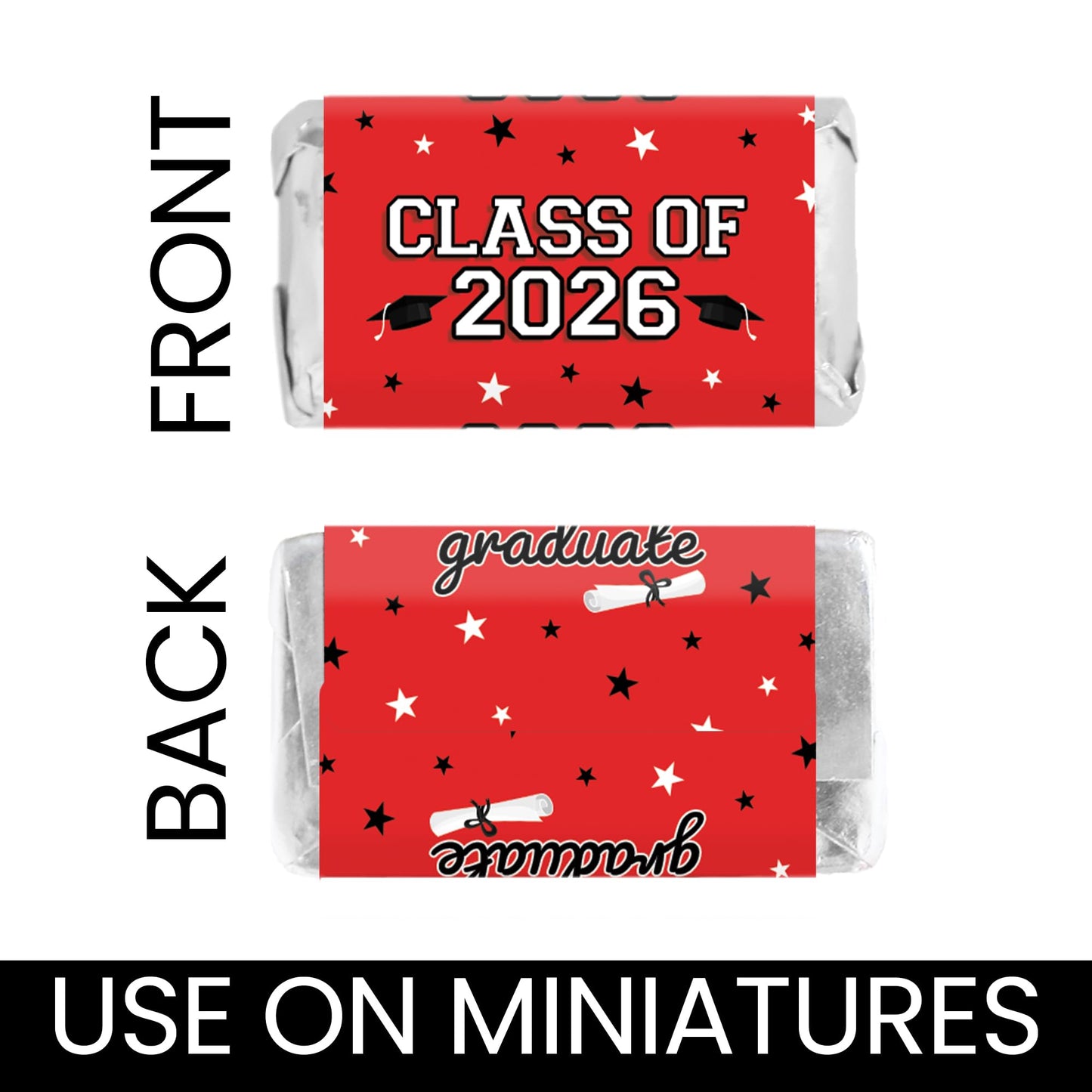 DISTINCTIVS Class of 2026 Graduation Mini Candy Bar Wrappers - Party Favor Stickers for Miniature Chocolate Bars - 42 Count (Red)