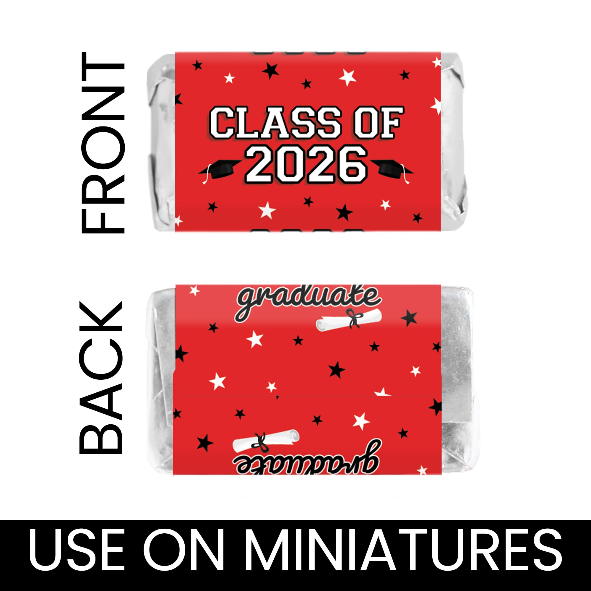 DISTINCTIVS Class of 2026 Graduation Mini Candy Bar Wrappers - Party Favor Stickers for Miniature Chocolate Bars - 42 Count (Red)