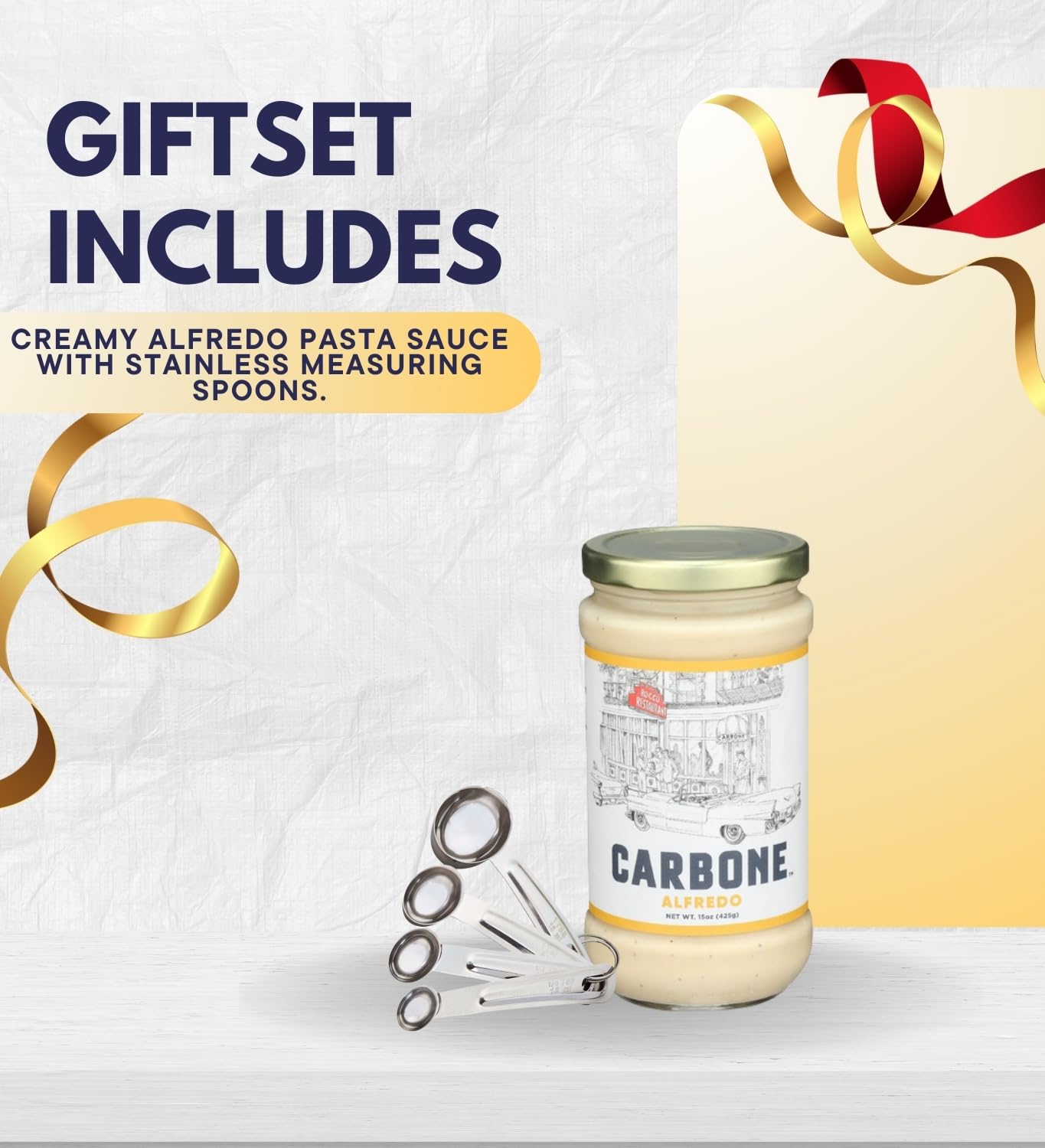 Carbone Alfredo Pasta Sauce (15 OZ.) Bundle with Measuring Spoon for Creamy Pasta Preparation and Controlled Serving - Gift Set (2 Items)