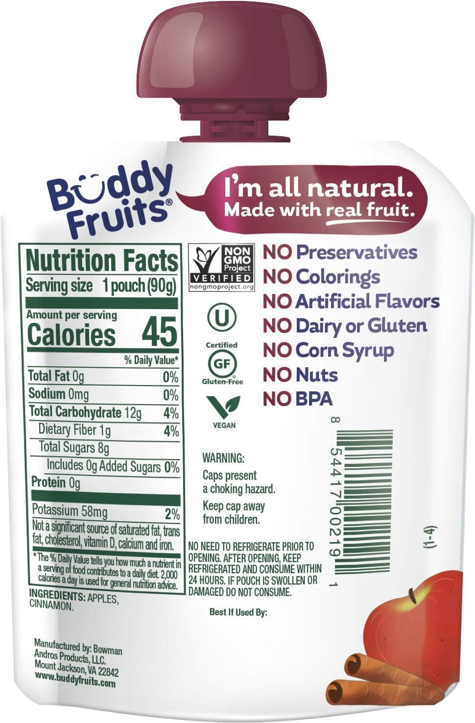 Buddy Fruits Snacks To Go Cinnamon Unsweetened Applesauce 3.2oz Pouch (Pack of 70) Gluten-Nut-Dairy-Preservatives-BPA Free, Non GMO, Kosher