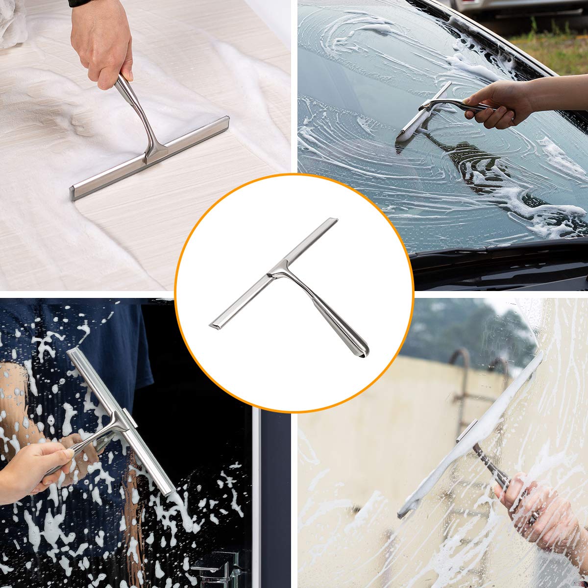 Shower Squeegee for Shower Doors 10 Inch Bathroom Squeegee for Windows,Kitchen,Mirror and Car Glass, Stainless Steel with Adhesive Hook