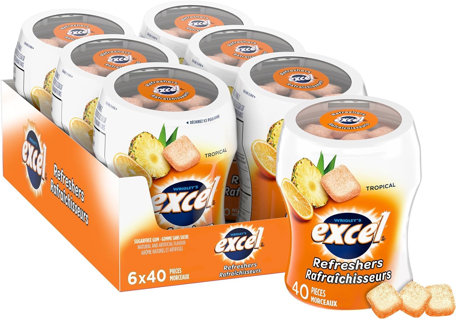 Excel Sugar-Free Gum, Refreshers tropical Flavored, 40pc/6 ct