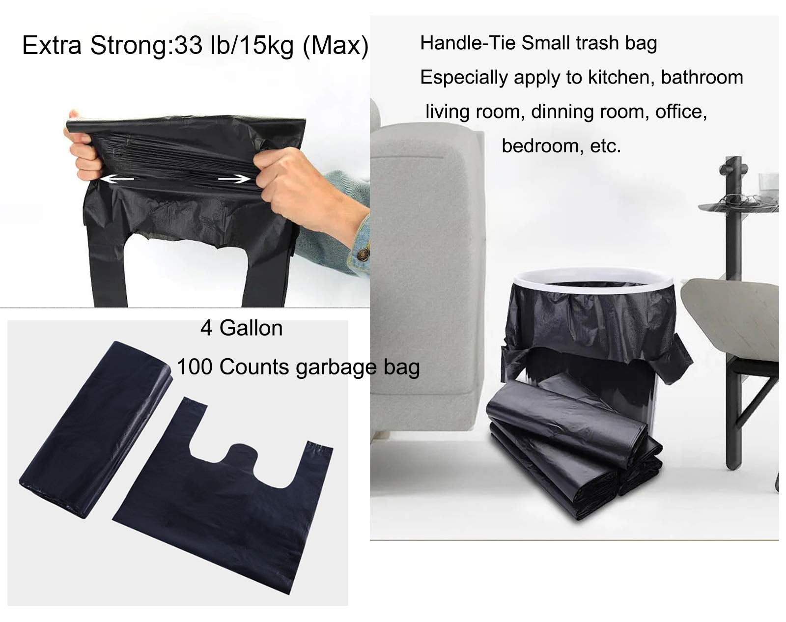 YYaaloa 100 pcs Black Trash Bags with Handles - 14x22 Super Thick 1.8mil Plastic Rubbish Bags for Office, Picnic, Kitchen, Bulk Use