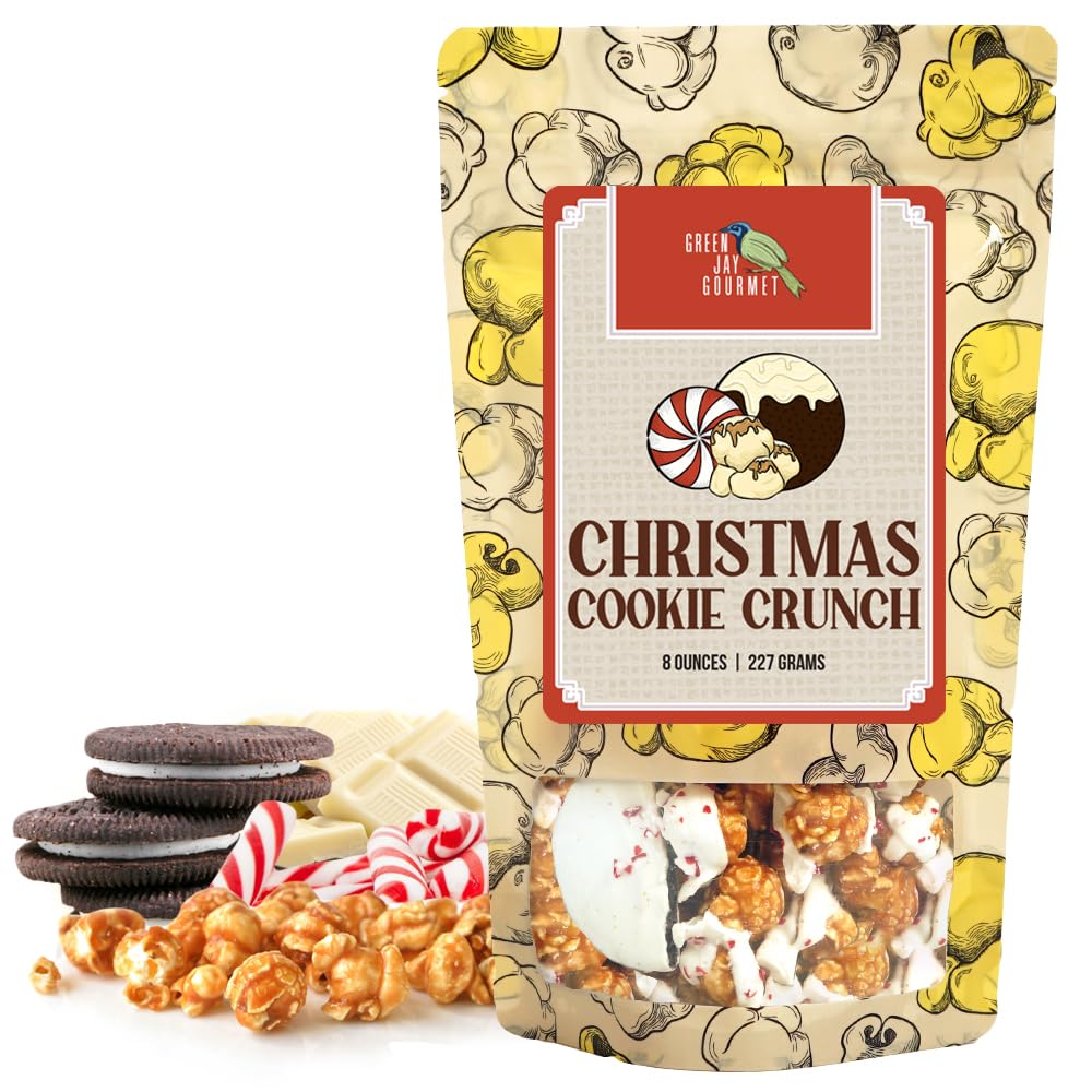 Green Jay Gourmet Popcorn - Christmas Cookie Crunch Caramel Popcorn - Handmade & Fresh Caramel Corn w/Peppermint Oreo Christmas Cookies & White