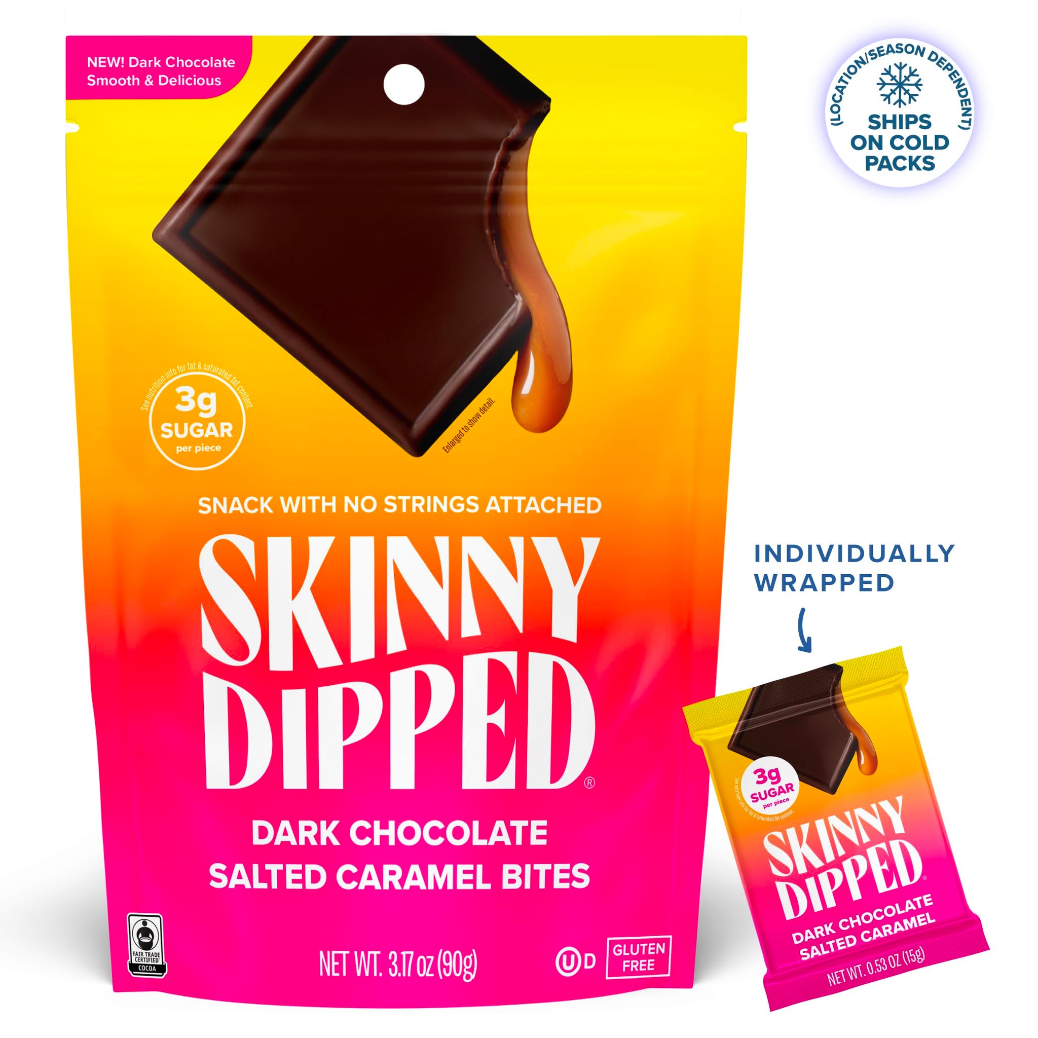 SkinnyDipped Dark Chocolate Salted Caramel Bites, 3.17oz Bags | 4 Pack