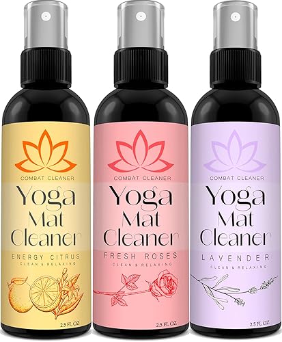 Combat Cleaner Yoga Mat Cleaner Spray Kit (Pack of 3) Includes a Microfiber Towel, Restores and Refreshes Yoga Mats (Lavender, Fresh Roses, Energy