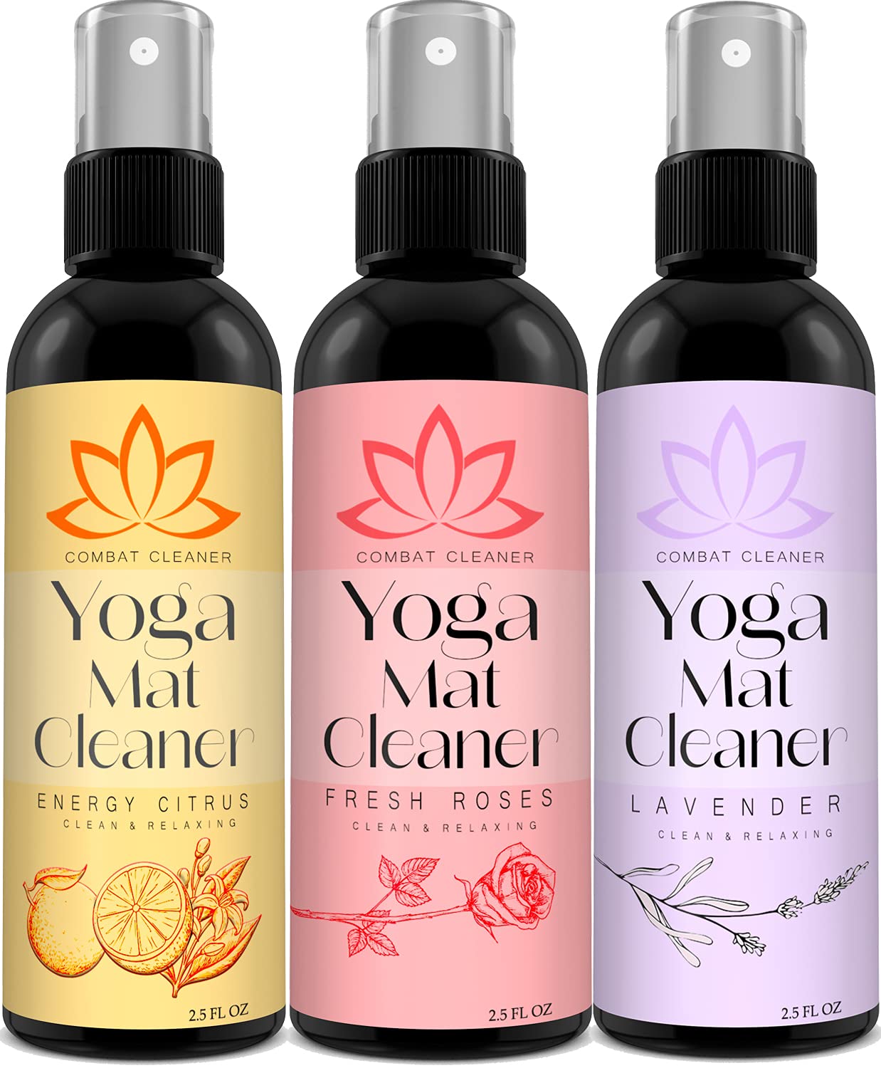 Combat Cleaner Yoga Mat Cleaner Spray Kit (Pack of 3) Includes a Microfiber Towel, Restores and Refreshes Yoga Mats (Lavender, Fresh Roses, Energy
