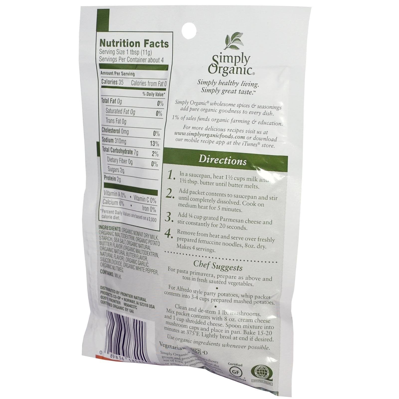 Simply Organic Alfredo Sauce Mix 1.48 Ounce (42 g) Pkg