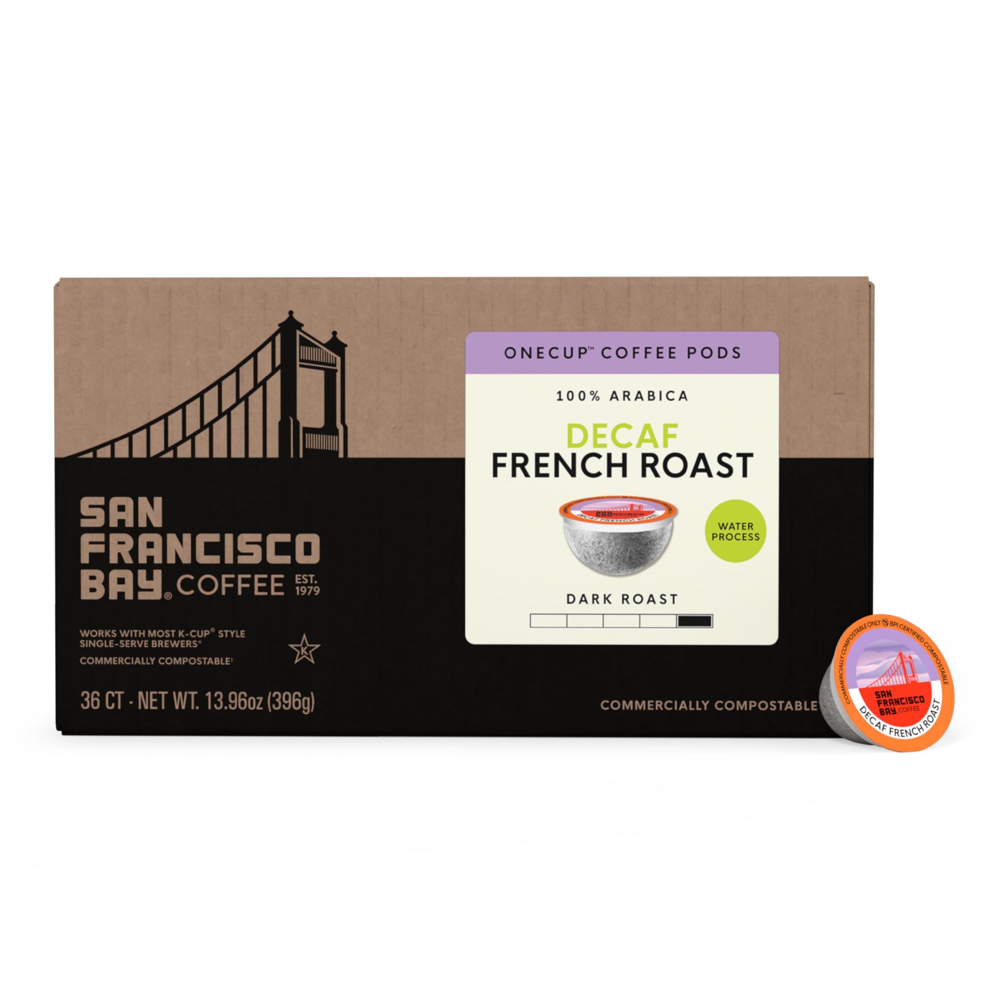 San Francisco Bay Decaf K-Cup Coffee Pods, Decaf French Roast (80 ct), Dark Roast, Commercially Compostable Single-Serve Coffee Pods, Swiss Water