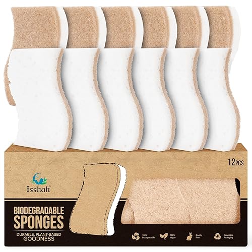 Isshah Plant-Based Natural Kitchen Sponges for Dishes- FSC Certified and PETA Approved, 12 Count