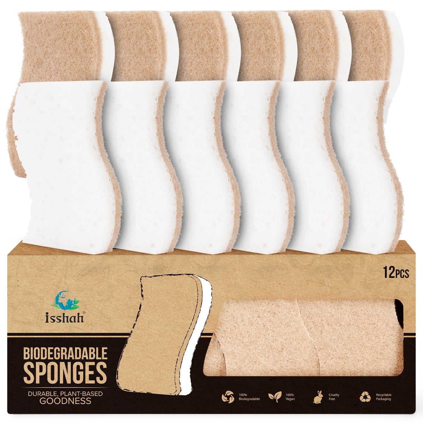 Isshah Plant-Based Natural Kitchen Sponges for Dishes- FSC Certified and PETA Approved, 12 Count