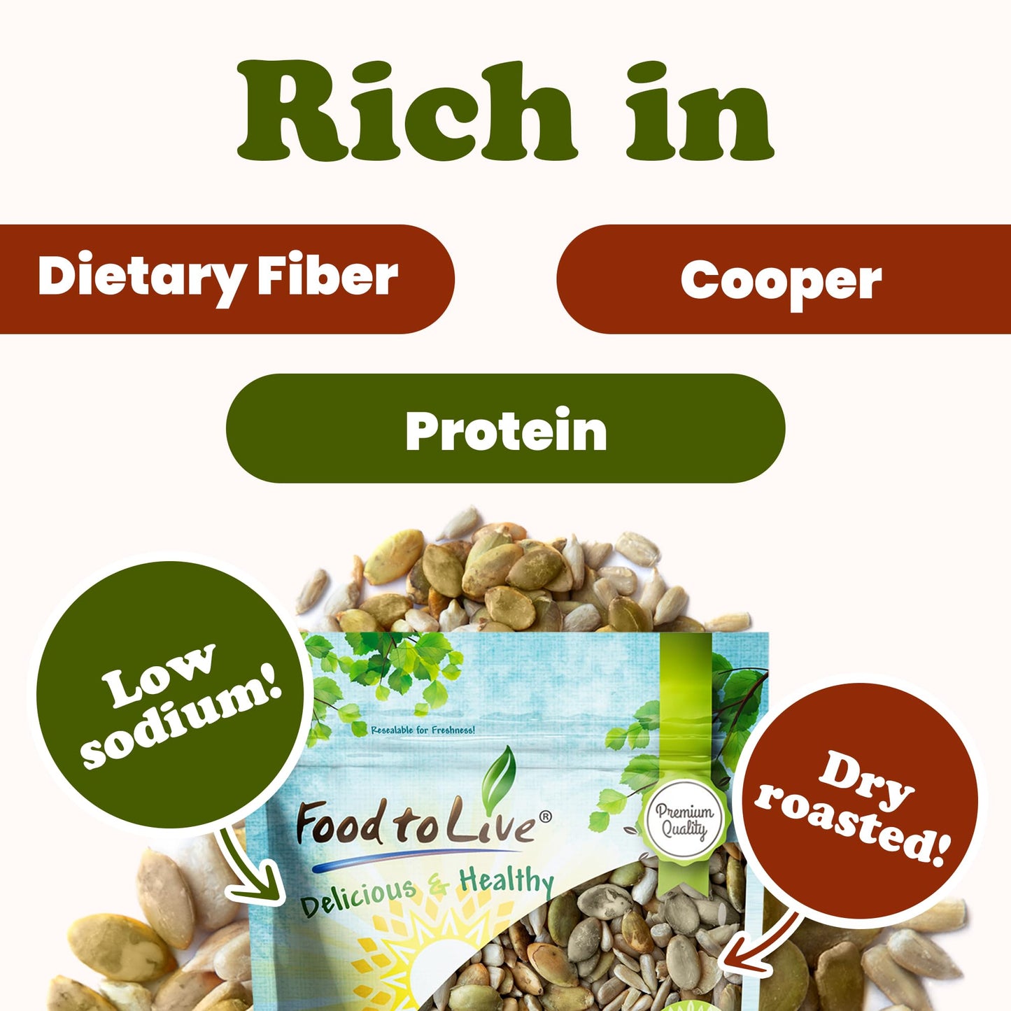 Food to Live Dry Roasted Sunflower and Pumpkin Seed Mix, 8 Ounces - Oven Roasted, No Oil added, Natural Snack, Rich in Protein, Perfect for Baking