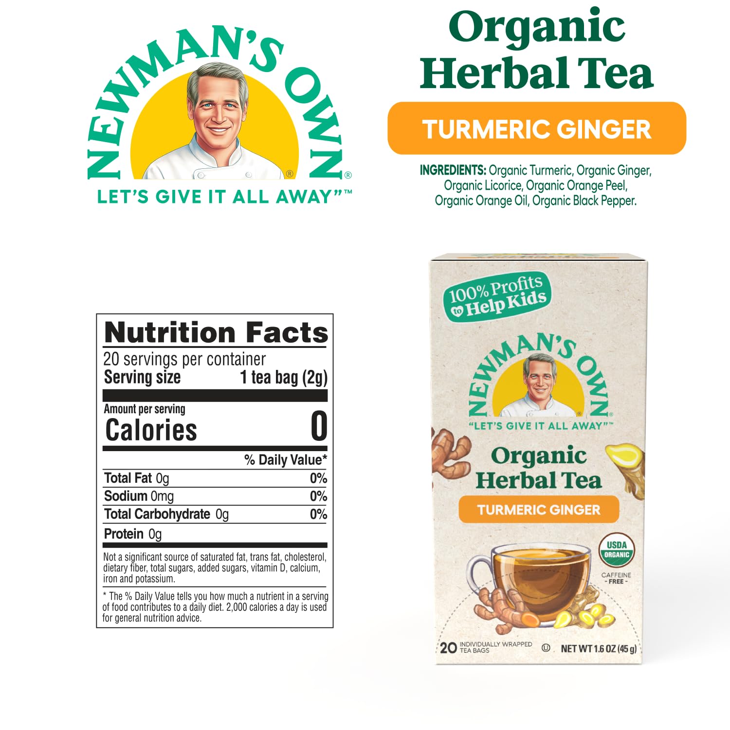 Newman ’s Own Organic Turmeric Ginger Herbal Tea Caffeine-Free May Aid Digestion and Boost Immunity Turmeric Tea with 20 Individually Wrapped Tea Bags