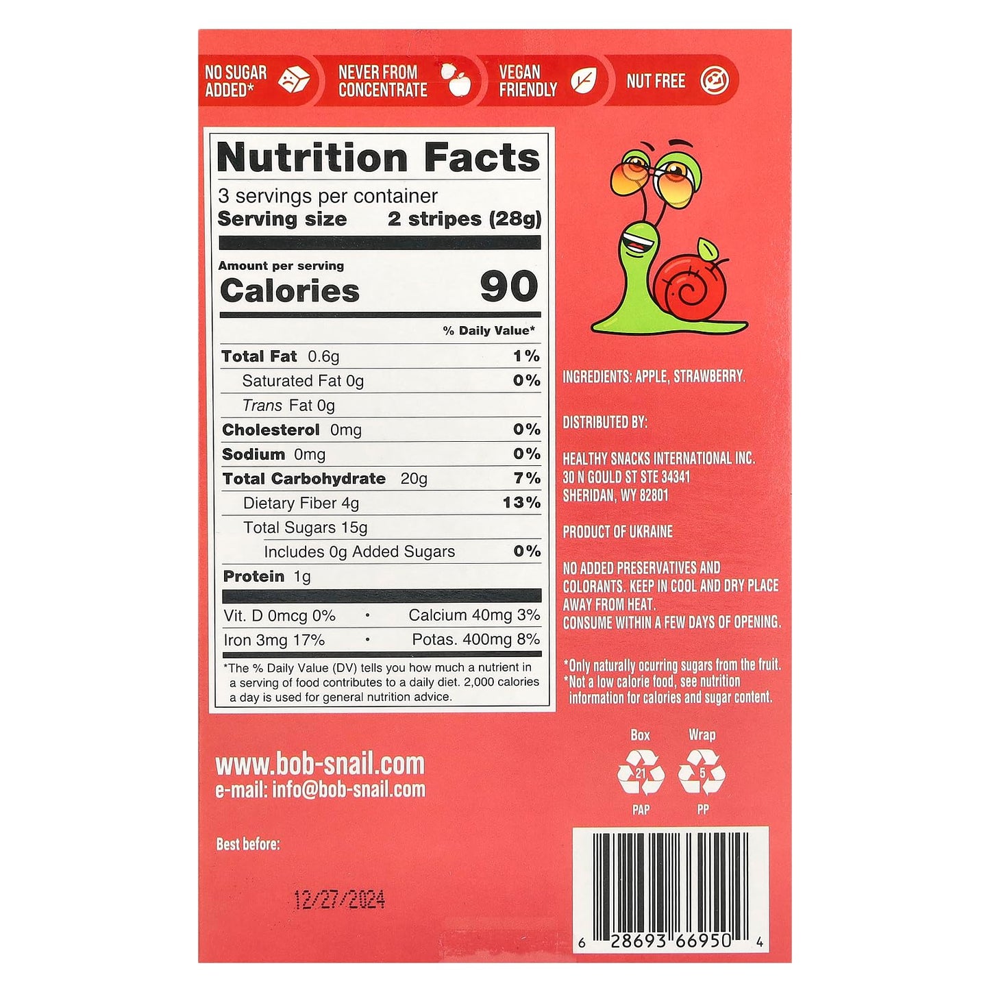 Bob Snail Apple Strawberry Fruit Stripes, 84 GR