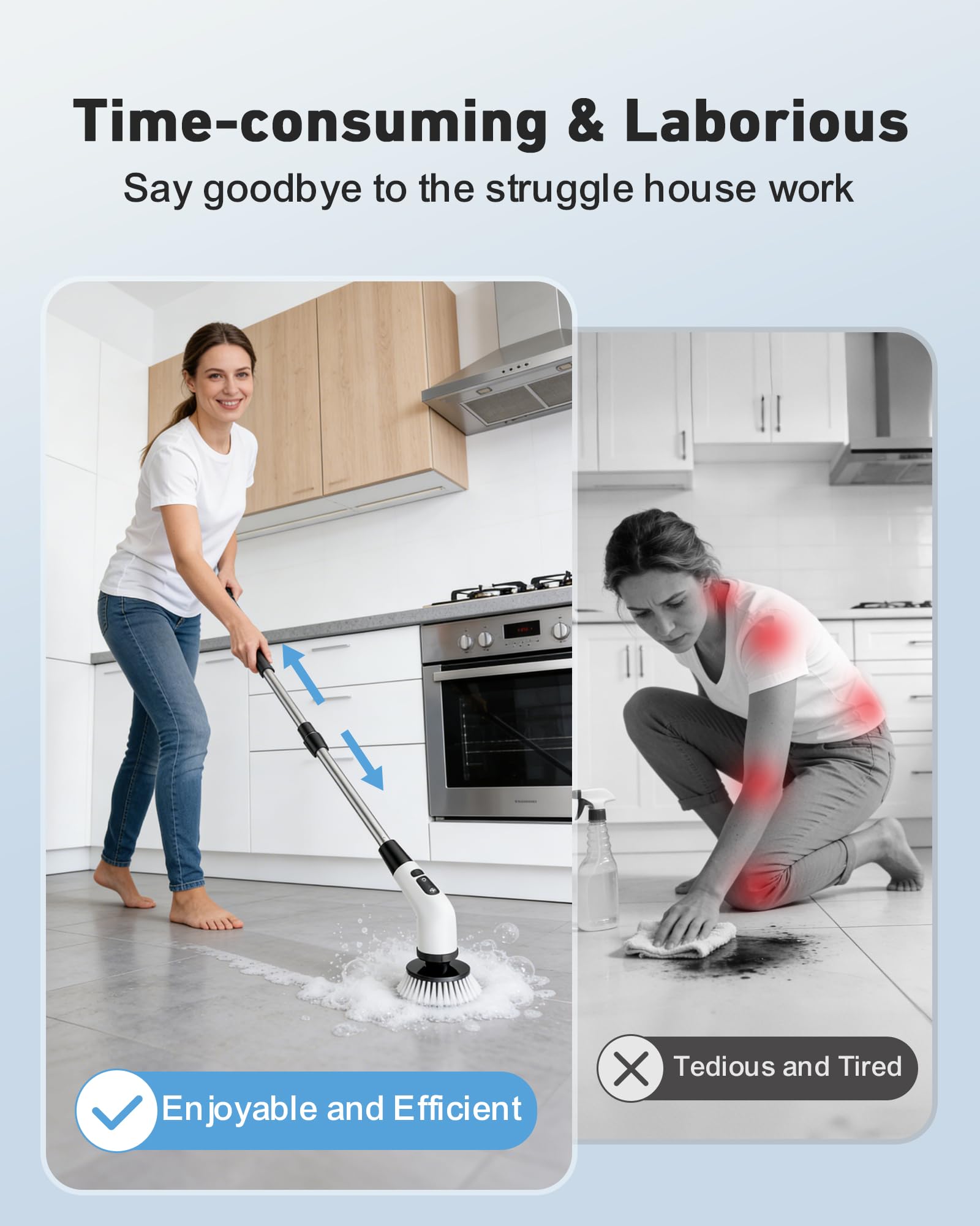 Powerful Electric Spin Scrubber, for Mom, Cordless Cleaning Brush, 90-Min Extended Runtime, Telescopic Long Handle, 8 Replaceable Heads, 2 Speeds