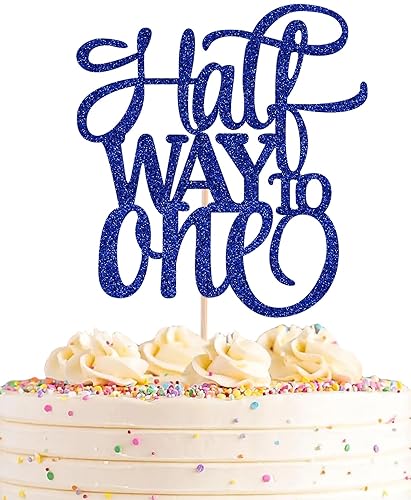 AHAORAY Half Way To One Cake Topper - Blue Glitter 6 Months Birthday Decorations Supplies - Half Birthday Decorations Baby Girl, for Baby