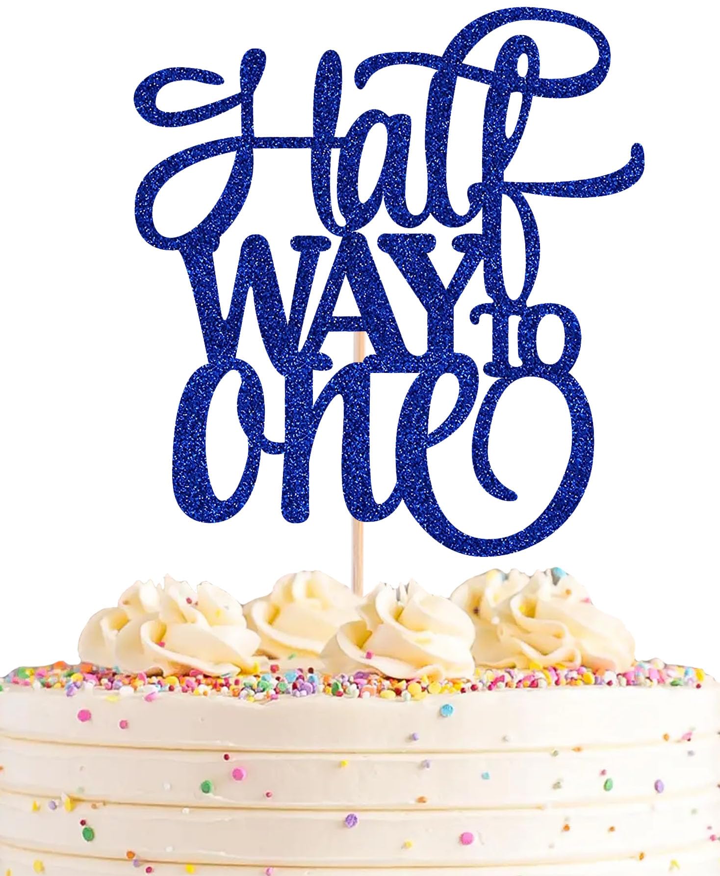 AHAORAY Half Way To One Cake Topper - Blue Glitter 6 Months Birthday Decorations Supplies - Half Birthday Decorations Baby Girl, for Baby